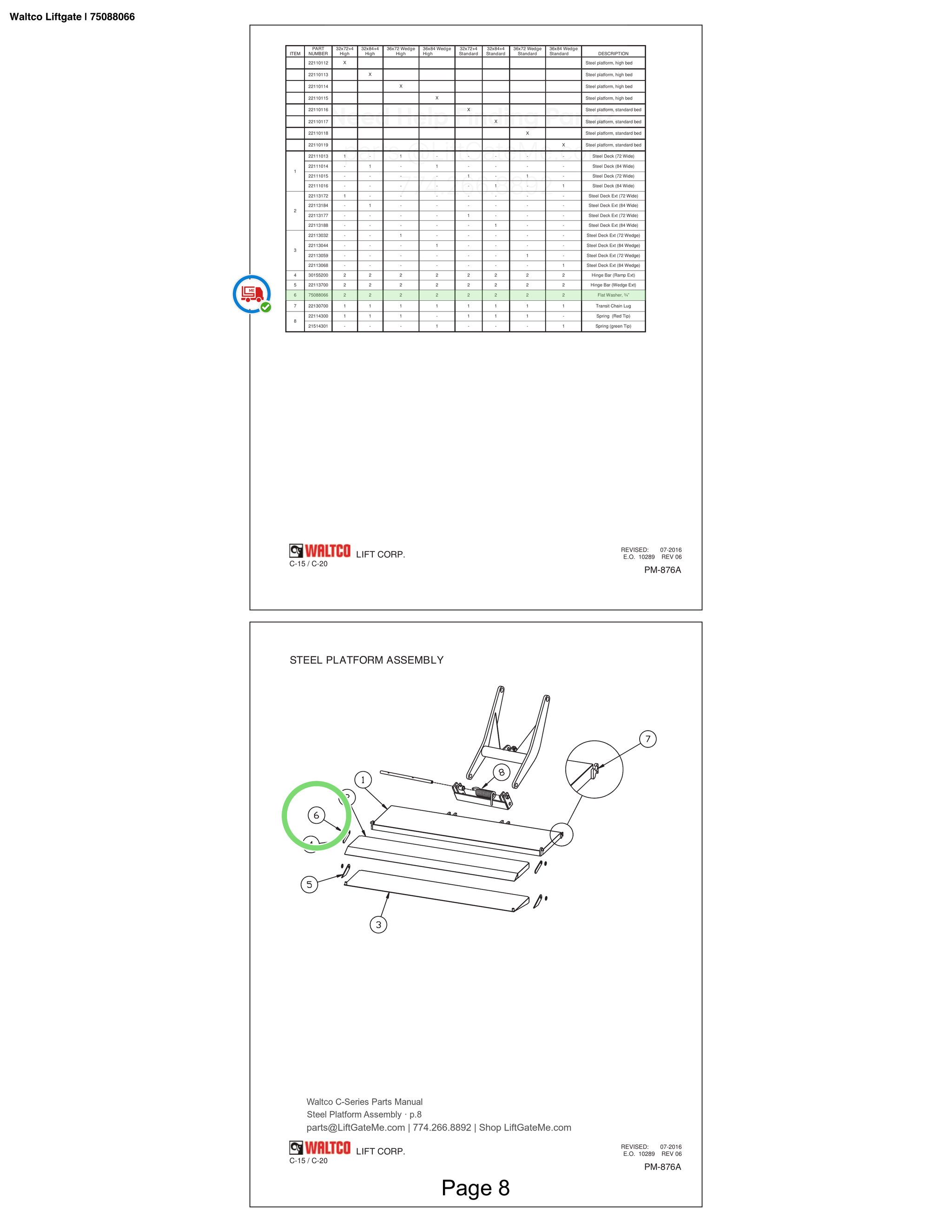 Waltco Liftgate | 75088066 — Steel Platform Assembly · p.8 (Waltco C-Series Parts Manual)