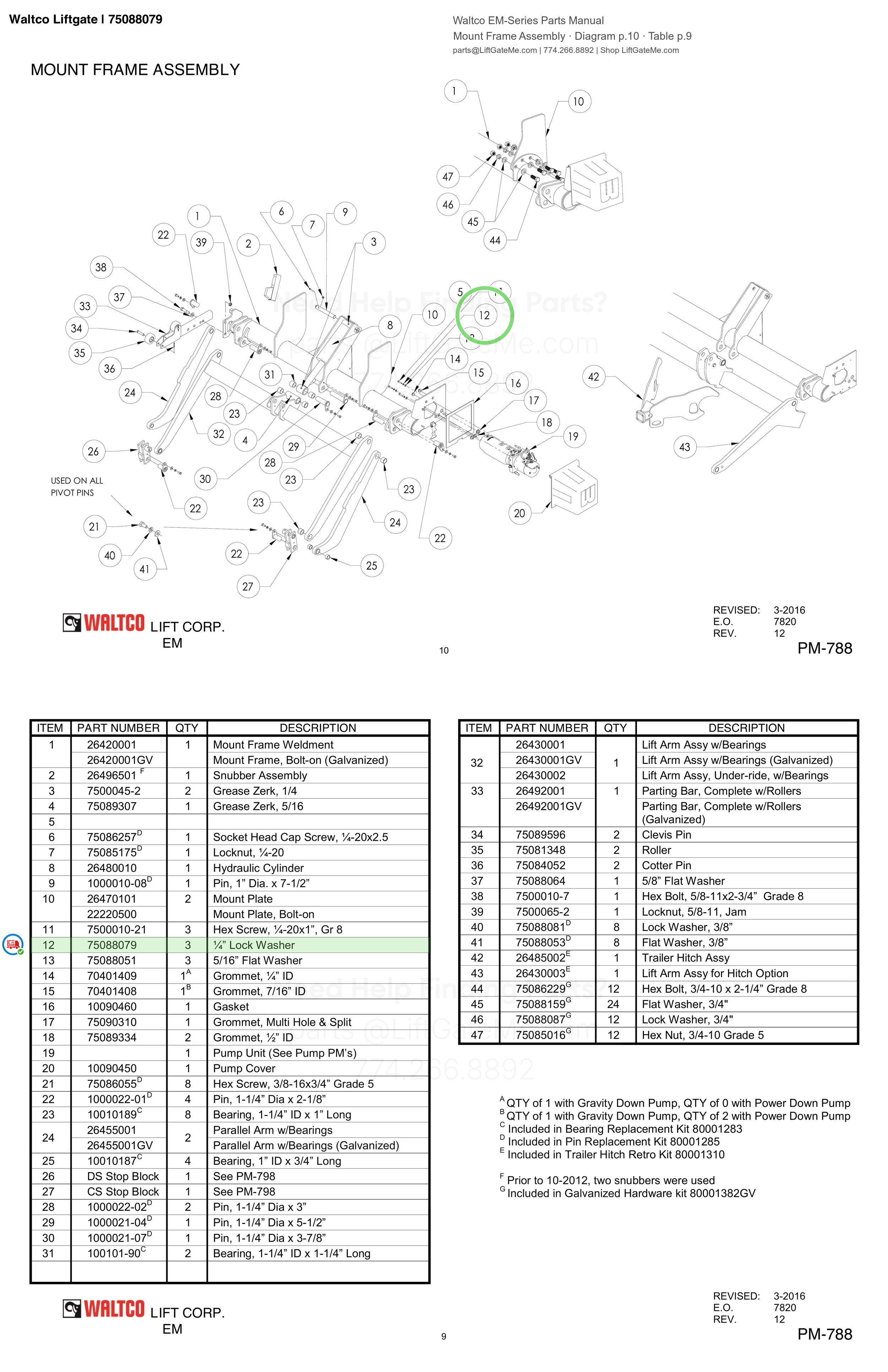 Waltco Liftgate | 75088079 — Mount Frame Assembly · Diagram p.10 · Table p.9 (Waltco EM-Series Parts Manual)