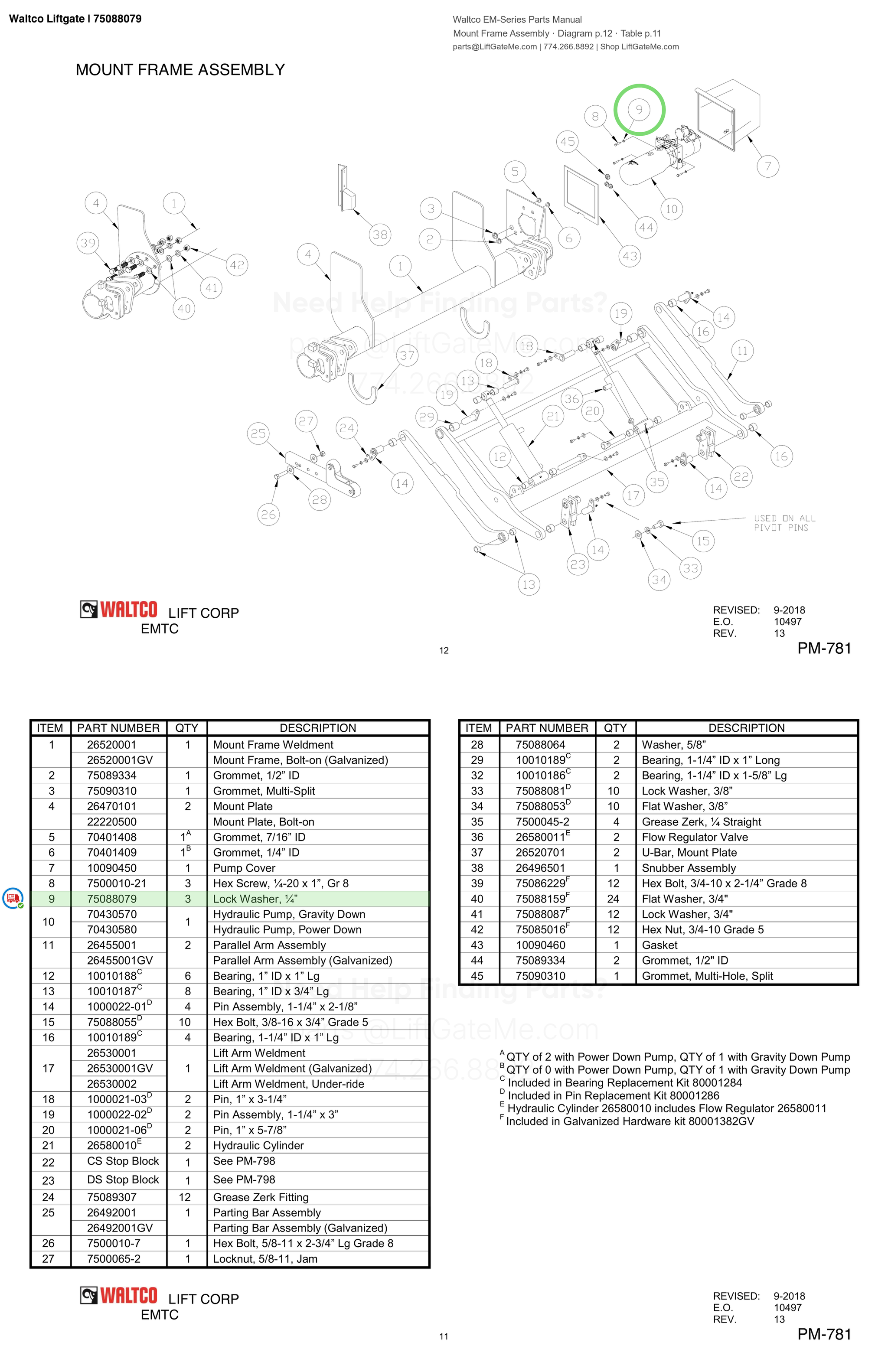 Waltco Liftgate | 75088079 — Mount Frame Assembly · Diagram p.12 · Table p.11 (Waltco EM-Series Parts Manual)
