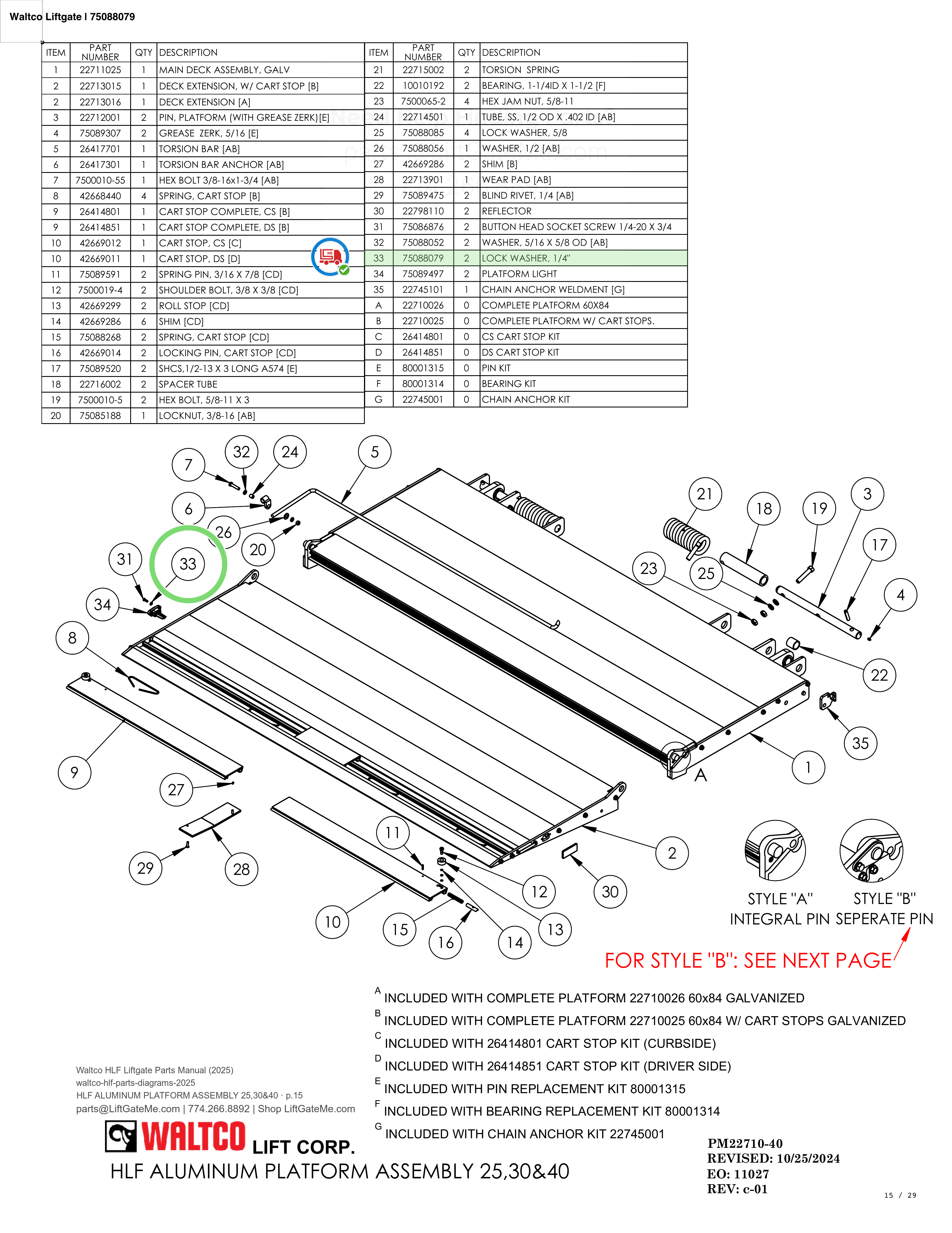 Waltco Liftgate | 75088079 — HLF ALUMINUM PLATFORM ASSEMBLY 25,30&40 · p.15 (Waltco HLF Parts Manual)