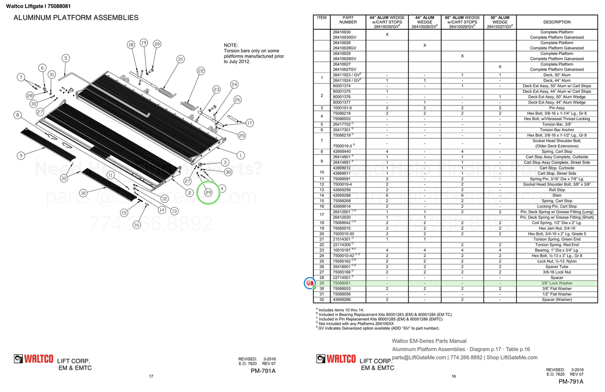 Waltco Liftgate | 75088081 — Aluminum Platform Assemblies · Diagram p.17 · Table p.16 (Waltco EM-Series Parts Manual)