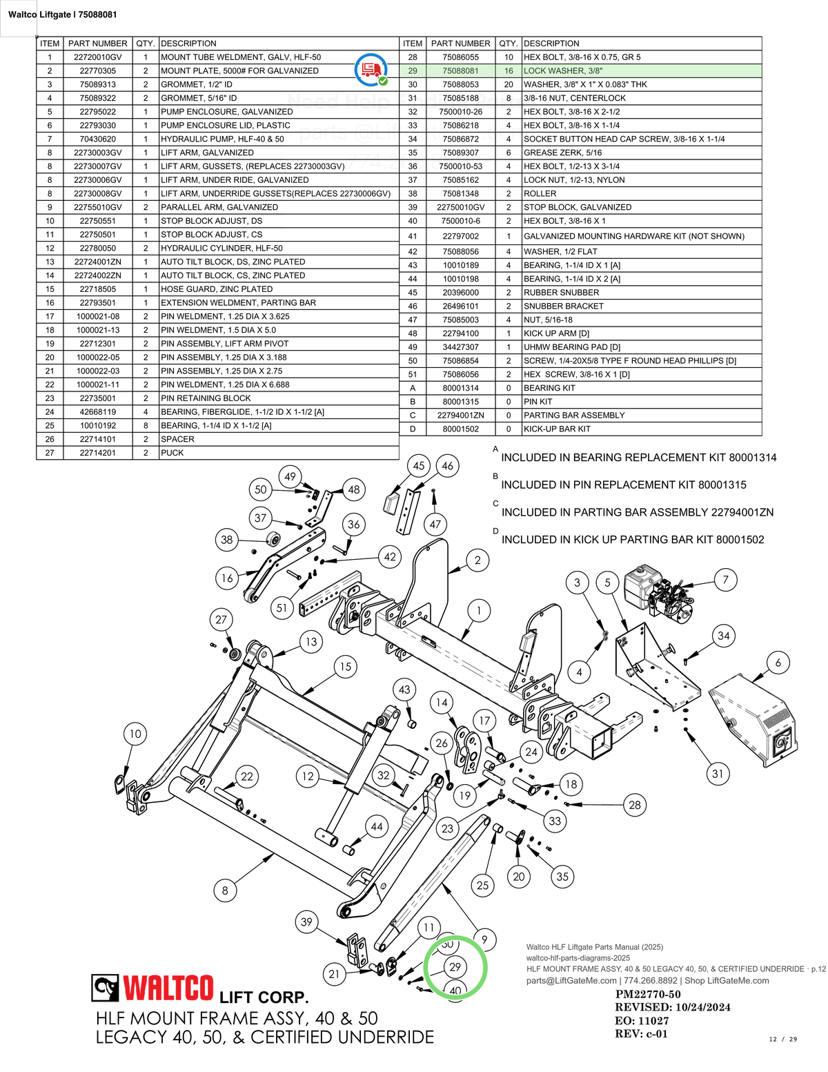 Waltco Liftgate | 75088081 — HLF MOUNT FRAME ASSY, 40 & 50 LEGACY 40, 50, & CERTIFIED UNDERRIDE · p.12 (Waltco HLF Parts Manual)