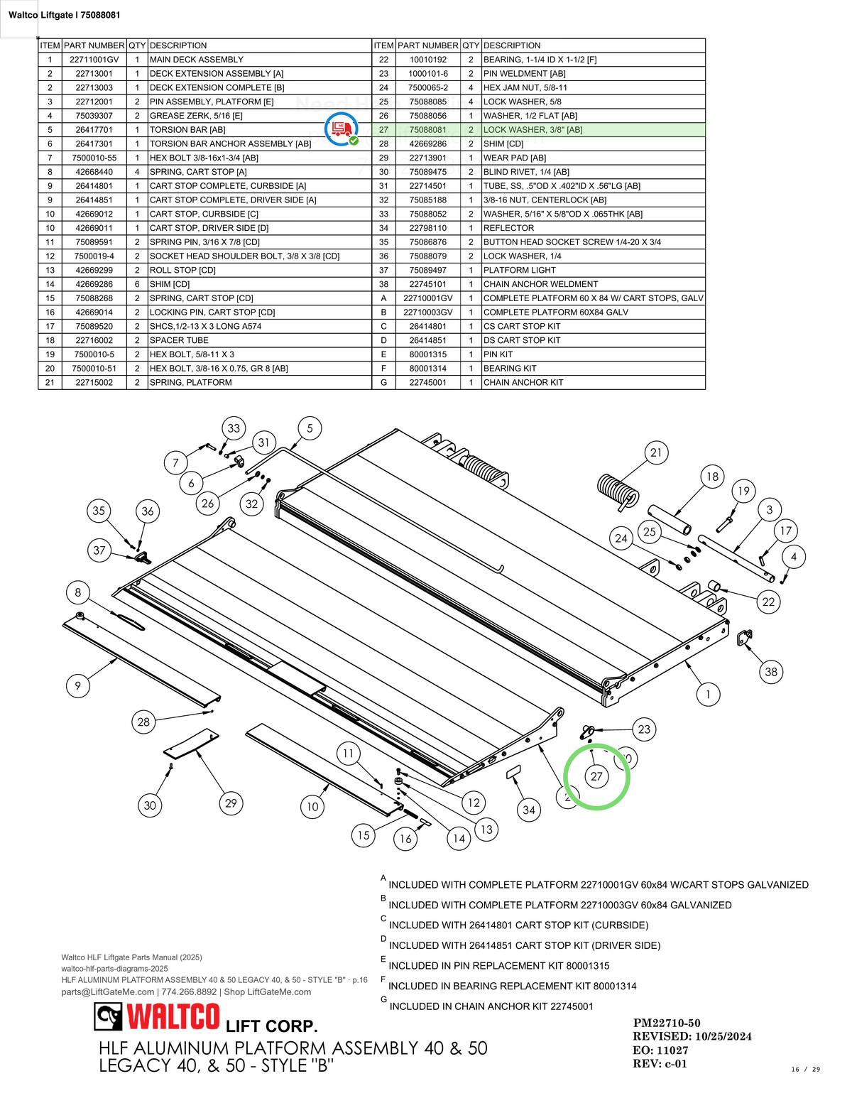 Waltco Liftgate | 75088081 — HLF ALUMINUM PLATFORM ASSEMBLY 40 & 50 LEGACY 40, & 50 - STYLE "B" · p.16 (Waltco HLF Parts Manual)