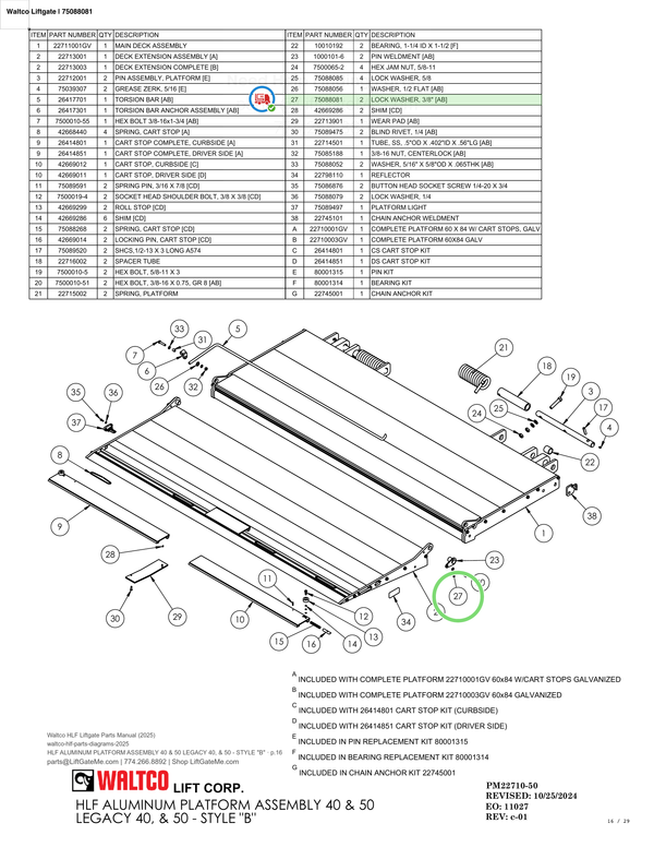 Waltco Liftgate | 75088081 — HLF ALUMINUM PLATFORM ASSEMBLY 40 & 50 LEGACY 40, & 50 - STYLE "B" · p.16 (Waltco HLF Parts Manual)