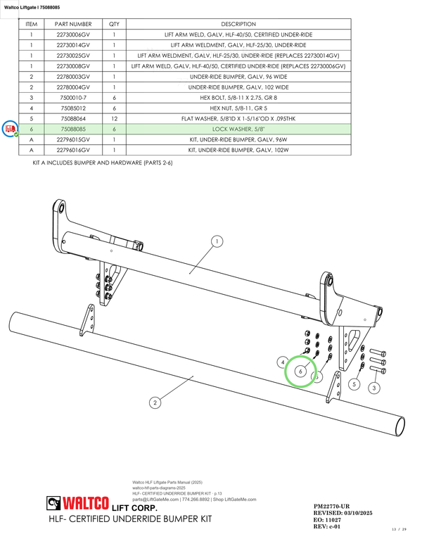 Waltco Liftgate | 75088085 — HLF- CERTIFIED UNDERRIDE BUMPER KIT · p.13 (Waltco HLF Parts Manual)