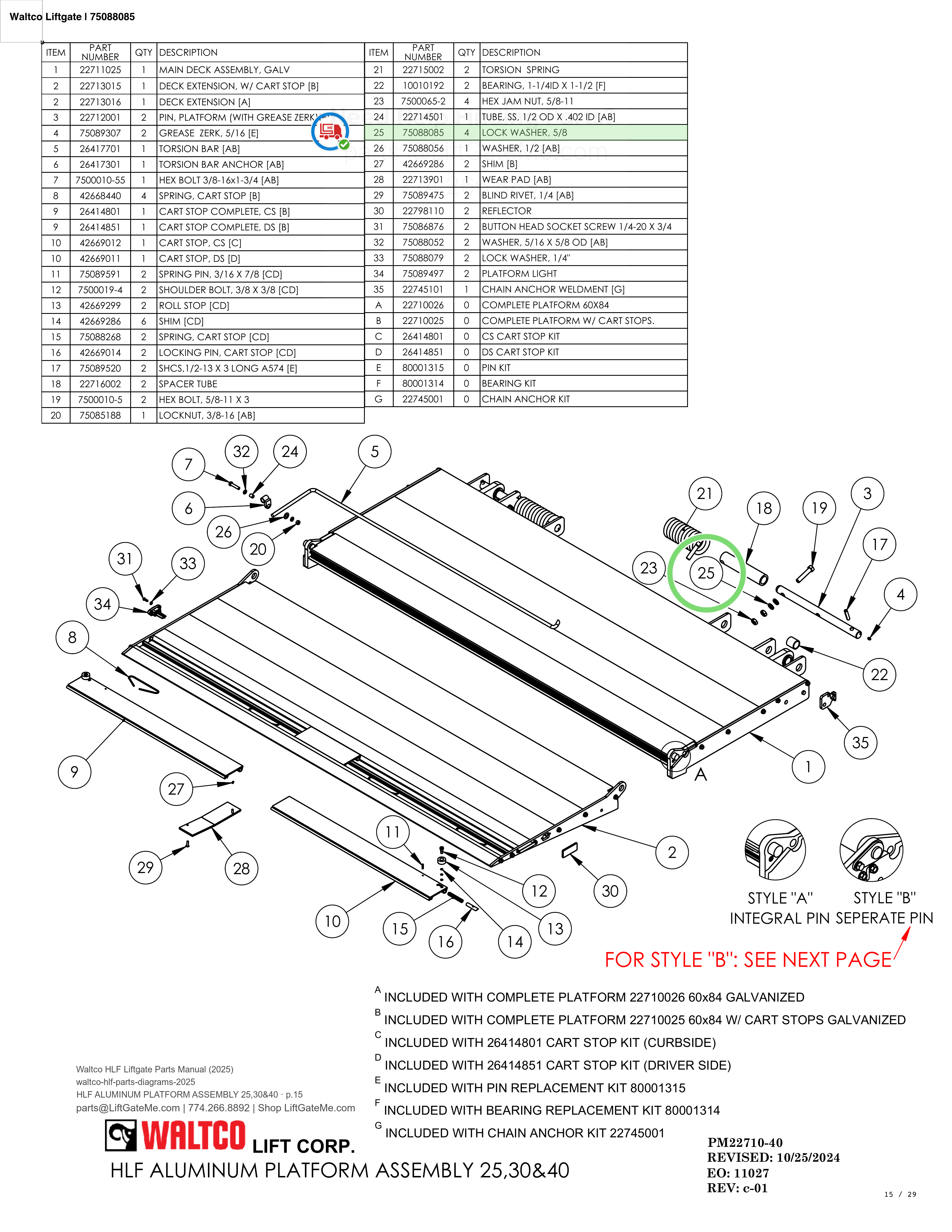 Waltco Liftgate | 75088085 — HLF ALUMINUM PLATFORM ASSEMBLY 25,30&40 · p.15 (Waltco HLF Parts Manual)