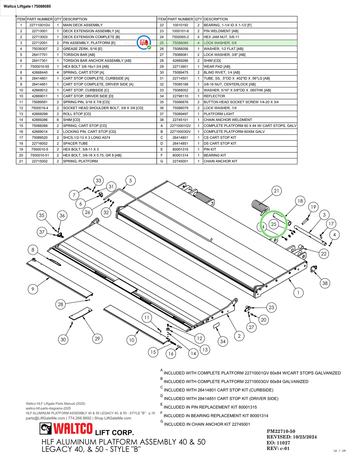 Waltco Liftgate | 75088085 — HLF ALUMINUM PLATFORM ASSEMBLY 40 & 50 LEGACY 40, & 50 - STYLE "B" · p.16 (Waltco HLF Parts Manual)