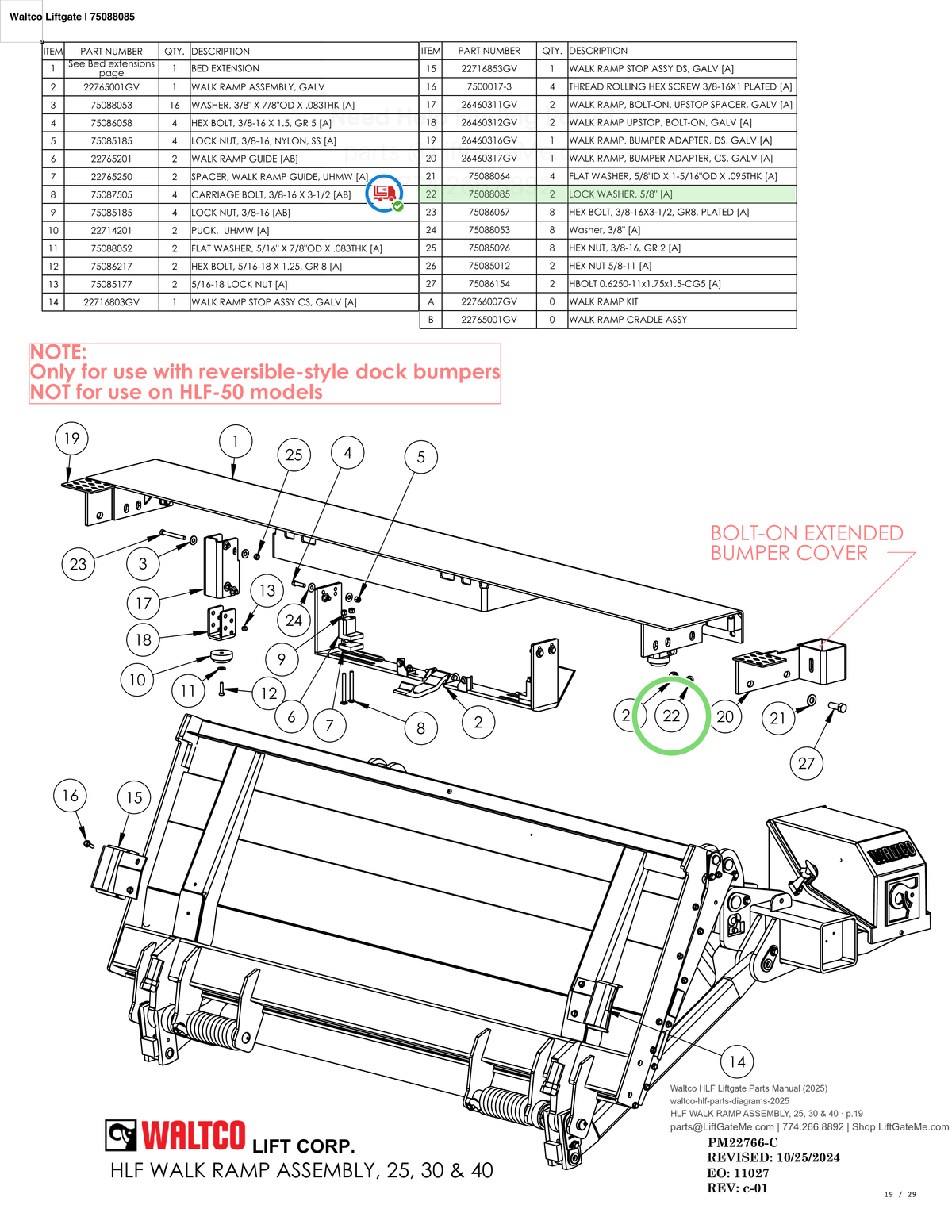 Waltco Liftgate | 75088085 — HLF WALK RAMP ASSEMBLY, 25, 30 & 40 · p.19 (Waltco HLF Parts Manual)