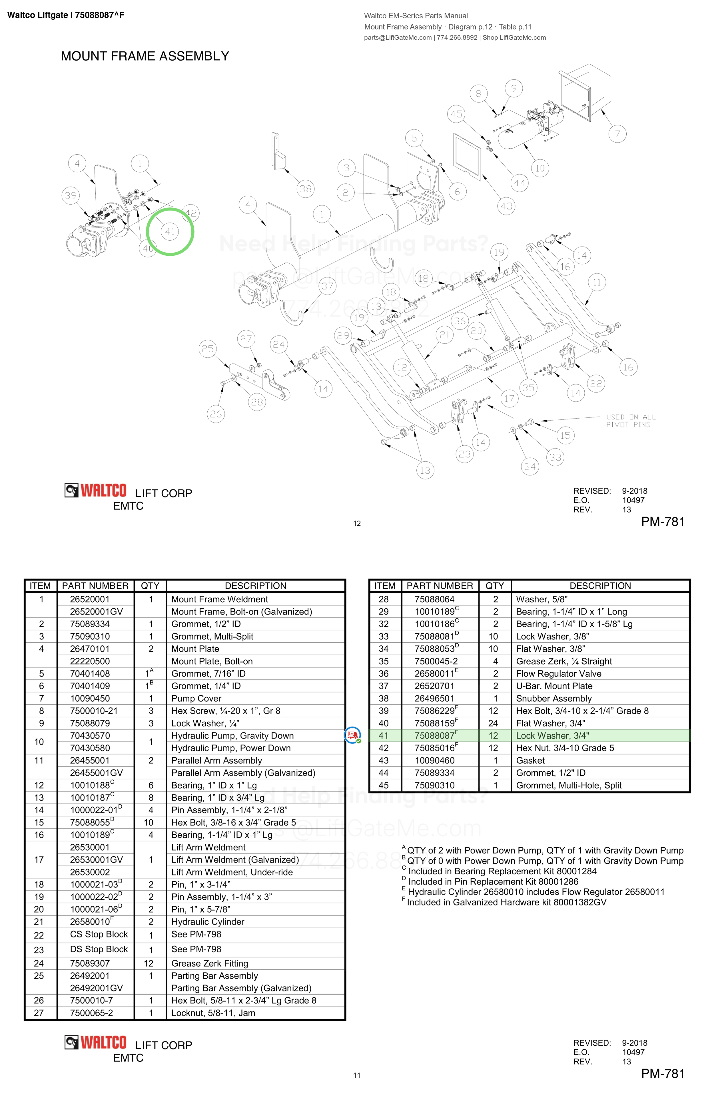 Waltco Liftgate | 75088087 — Mount Frame Assembly · Diagram p.12 · Table p.11 (Waltco EM-Series Parts Manual)