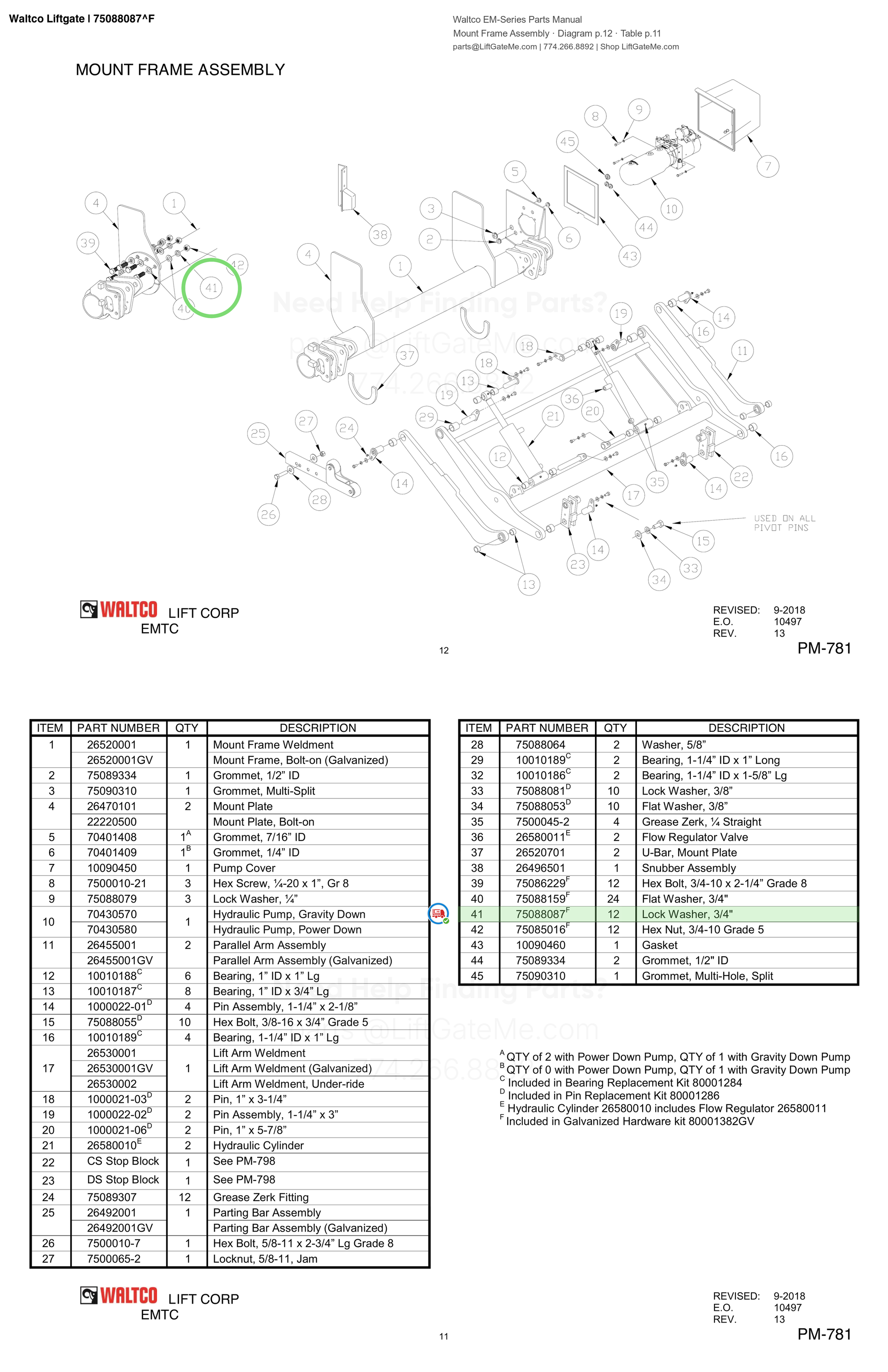 Waltco Liftgate | 75088087 — Mount Frame Assembly · Diagram p.12 · Table p.11 (Waltco EM-Series Parts Manual)