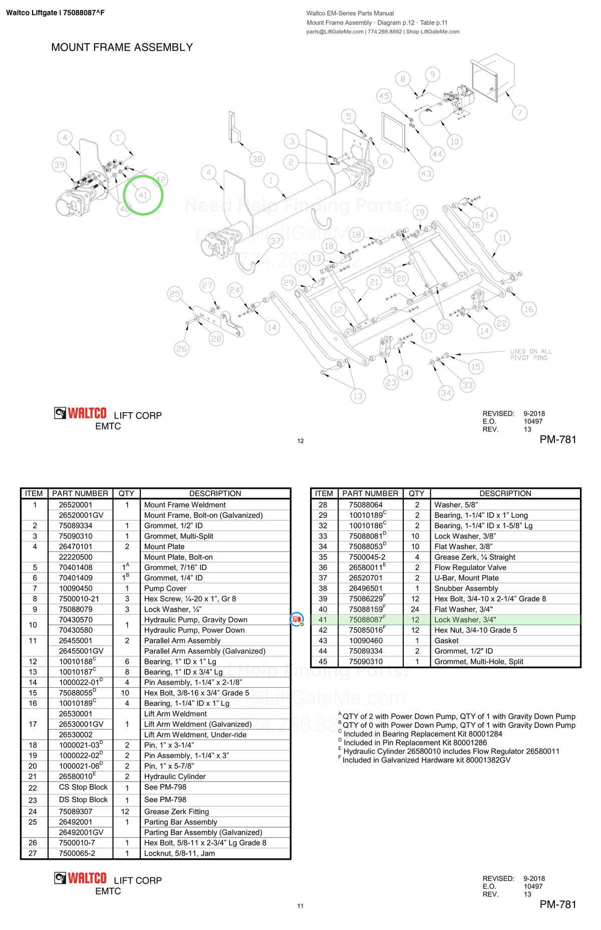 Waltco Liftgate | 75088087 — Mount Frame Assembly · Diagram p.12 · Table p.11 (Waltco EM-Series Parts Manual)