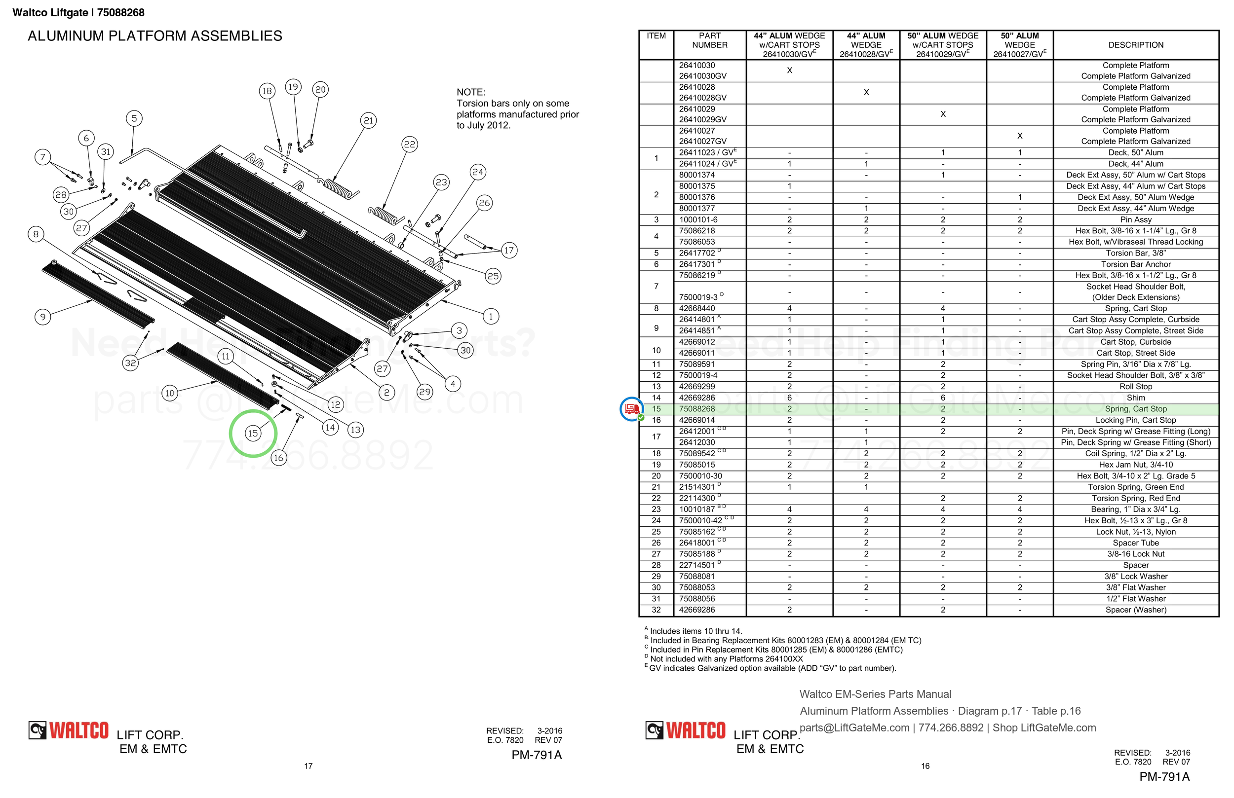 Waltco Liftgate | 75088268 — Aluminum Platform Assemblies · Diagram p.17 · Table p.16 (Waltco EM-Series Parts Manual)