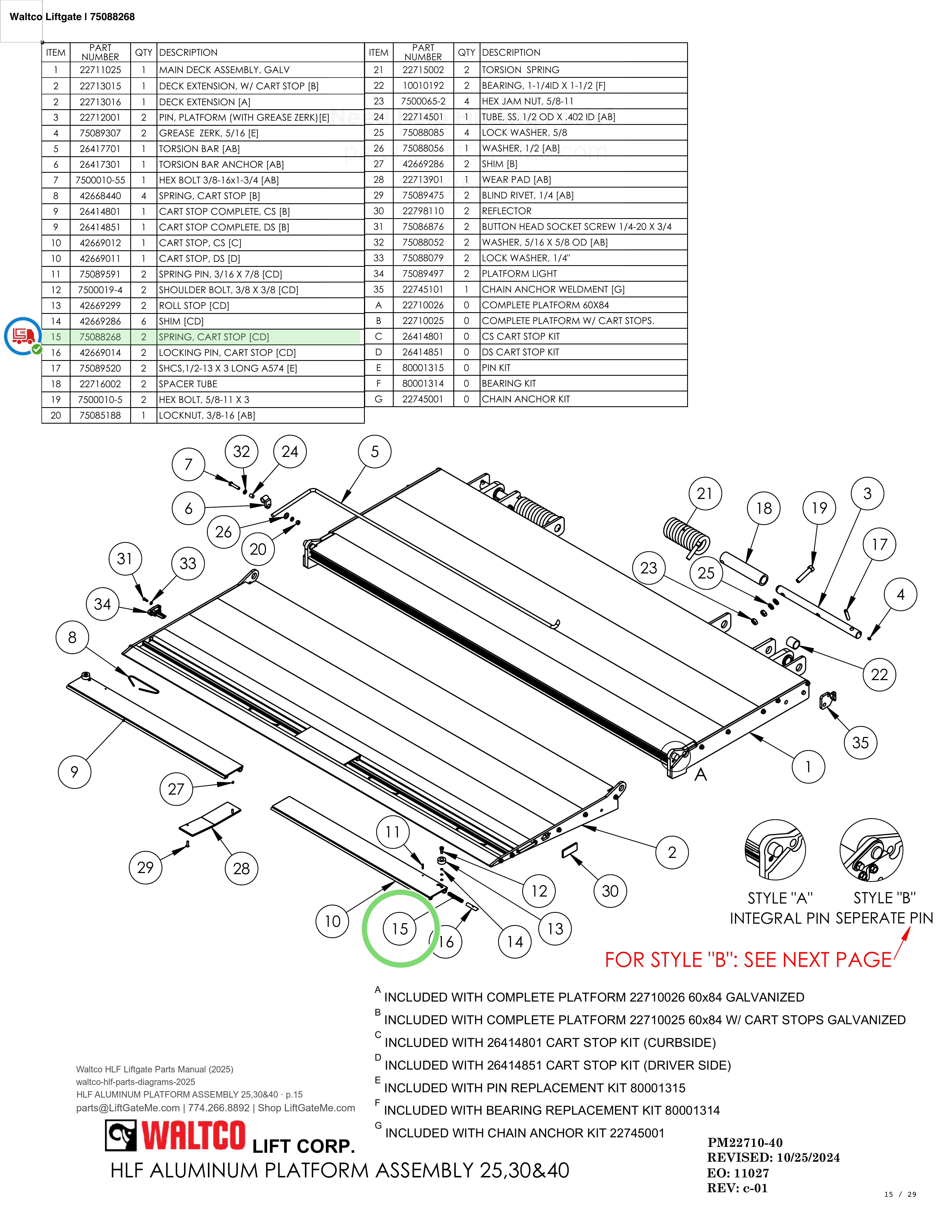Waltco Liftgate | 75088268 — HLF ALUMINUM PLATFORM ASSEMBLY 25,30&40 · p.15 (Waltco HLF Parts Manual)