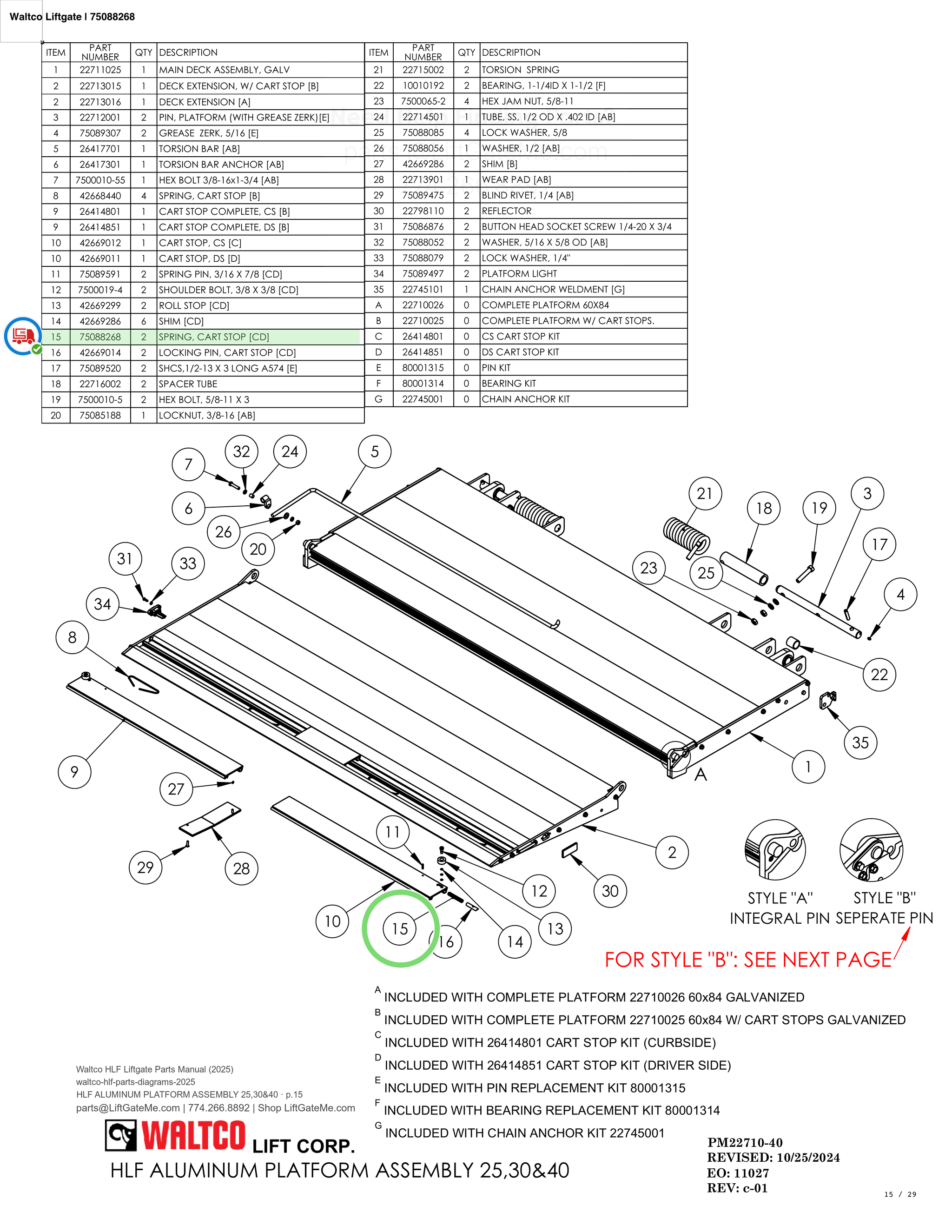 Waltco Liftgate | 75088268 — HLF ALUMINUM PLATFORM ASSEMBLY 25,30&40 · p.15 (Waltco HLF Parts Manual)