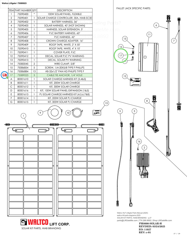 Waltco Liftgate | 75089023 — SOLAR KIT PARTS, HIAB BRANDING · p.27 (Waltco HLF Parts Manual)