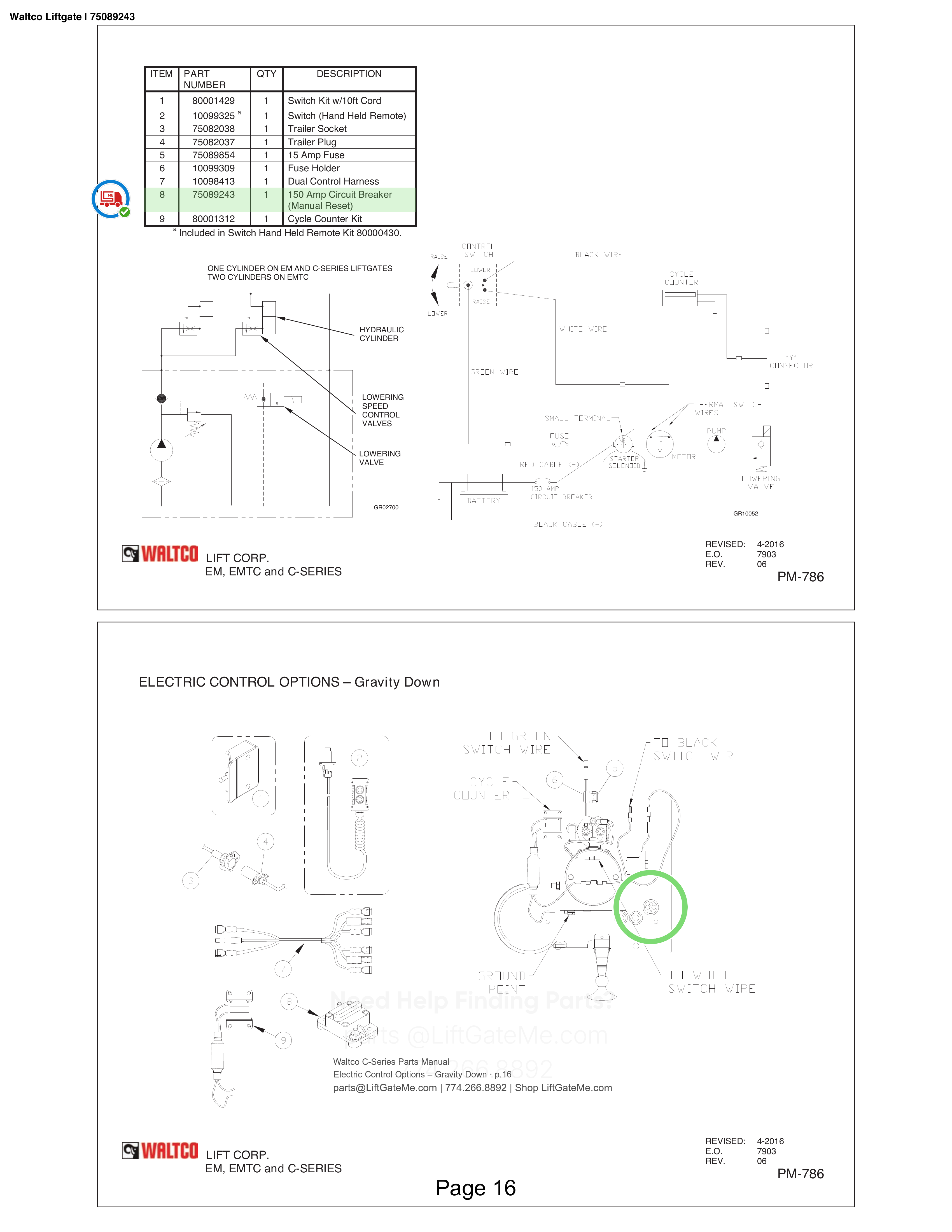 Waltco Liftgate | 75089243 — Electric Control Options – Gravity Down · p.16 (Waltco C-Series Parts Manual)