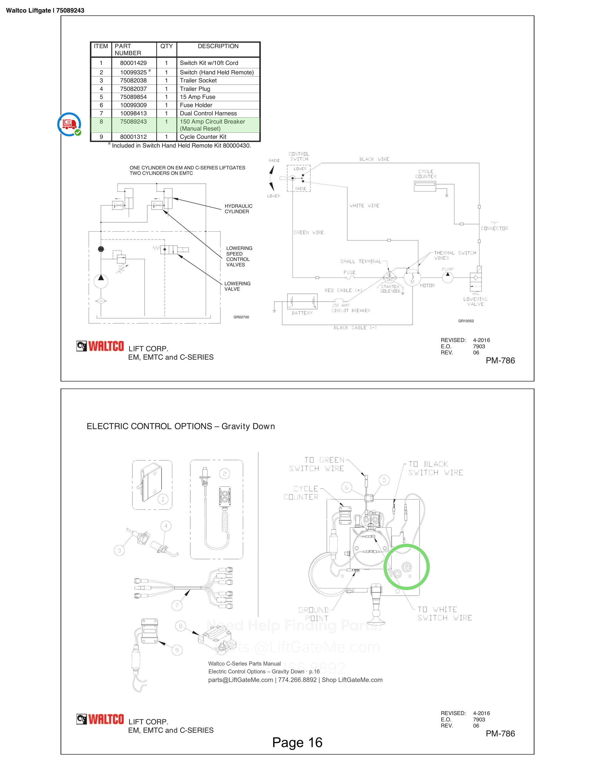 Waltco Liftgate | 75089243 — Electric Control Options – Gravity Down · p.16 (Waltco C-Series Parts Manual)