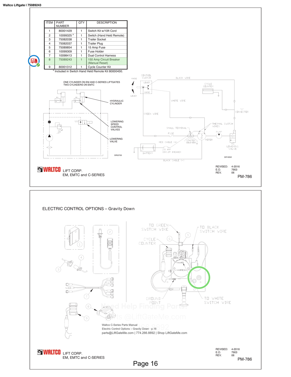 Waltco Liftgate | 75089243 — Electric Control Options – Gravity Down · p.16 (Waltco C-Series Parts Manual)