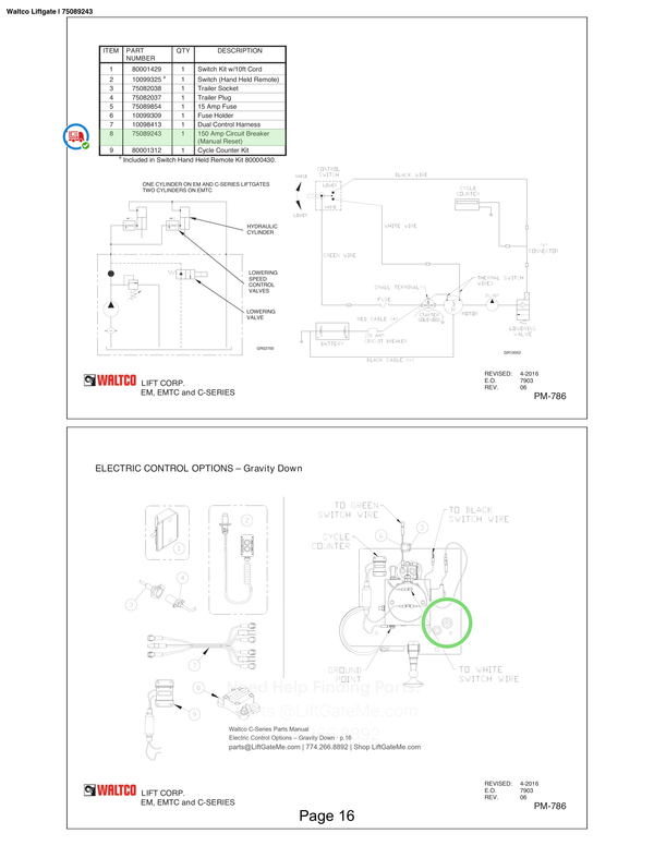 Waltco Liftgate | 75089243 — Electric Control Options – Gravity Down · p.16 (Waltco C-Series Parts Manual)