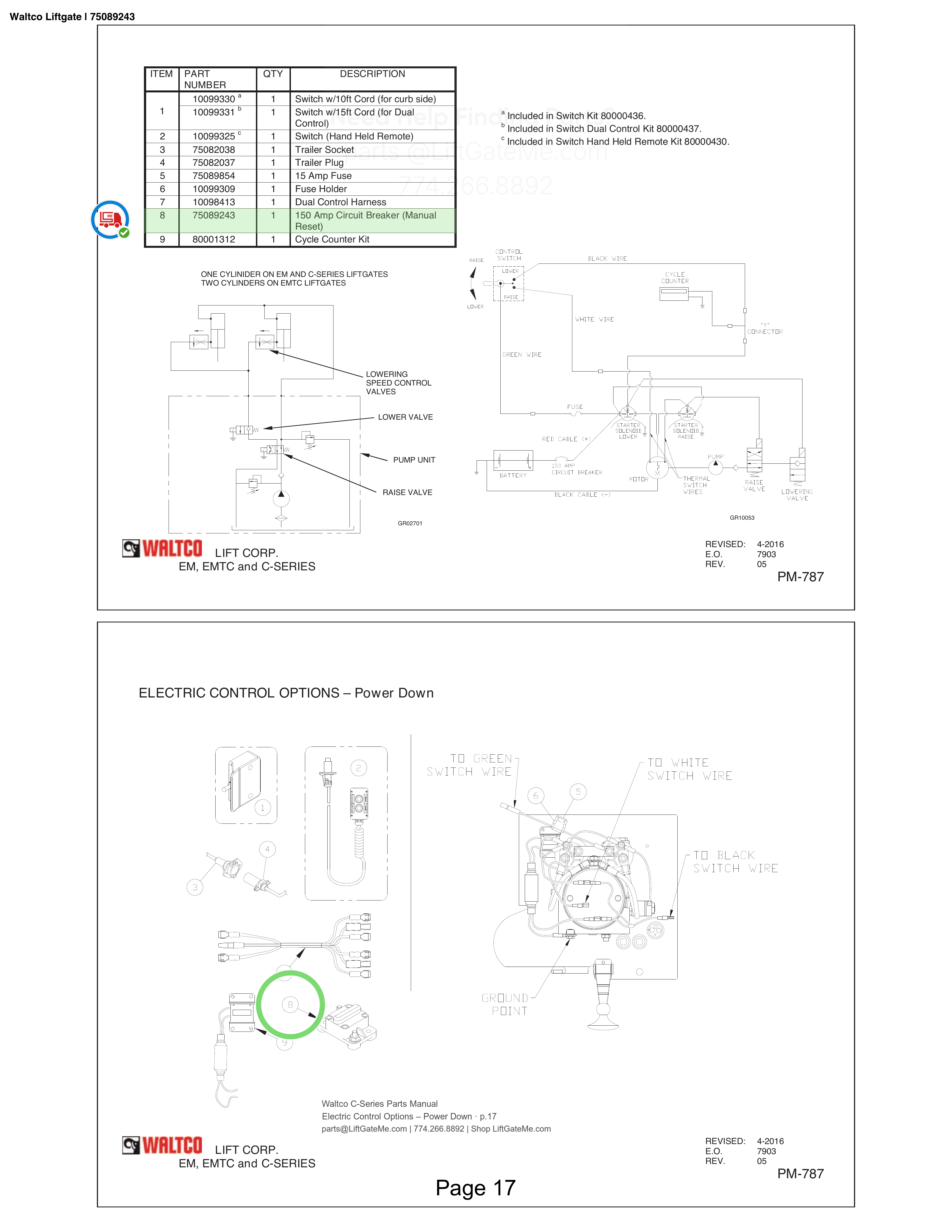 Waltco Liftgate | 75089243 — Electric Control Options – Power Down · p.17 (Waltco C-Series Parts Manual)
