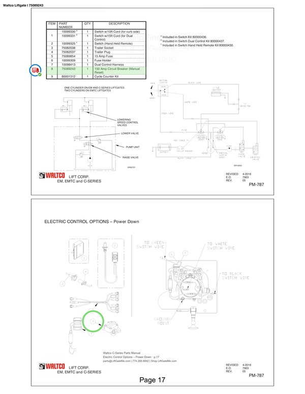 Waltco Liftgate | 75089243 — Electric Control Options – Power Down · p.17 (Waltco C-Series Parts Manual)