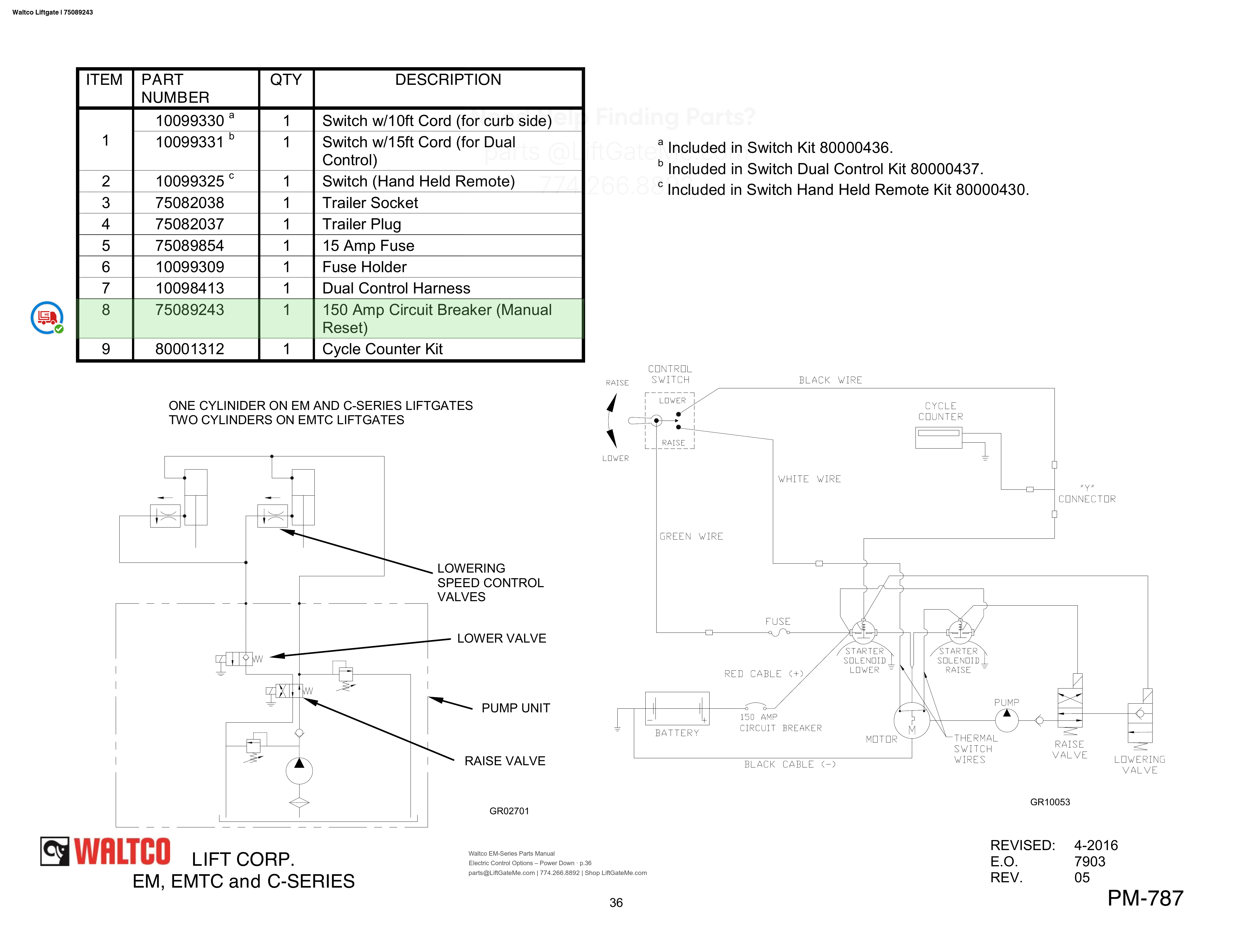 Waltco Liftgate | 75089243 — Electric Control Options – Power Down · p.36 (Waltco EM-Series Parts Manual)