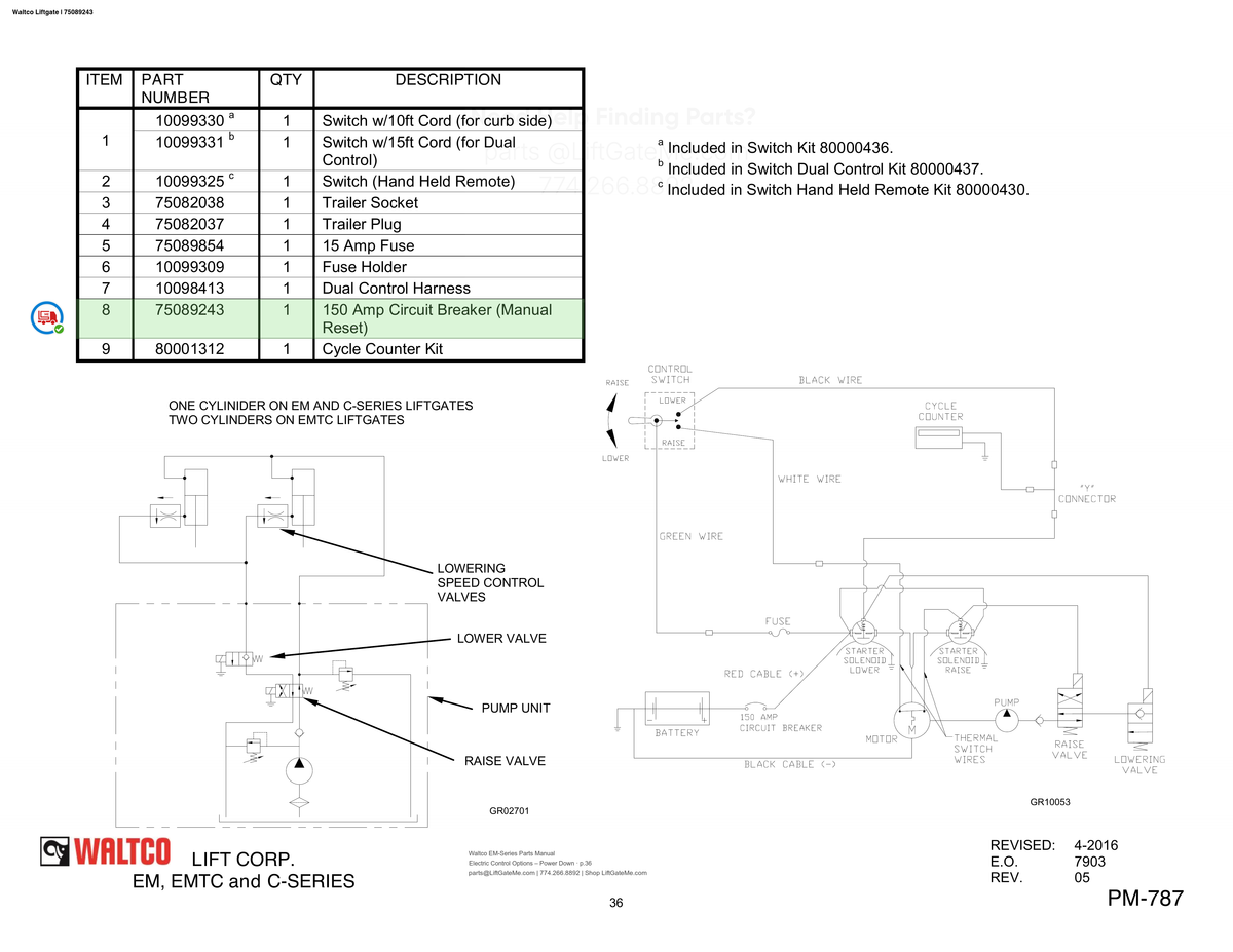 Waltco Liftgate | 75089243 — Electric Control Options – Power Down · p.36 (Waltco EM-Series Parts Manual)