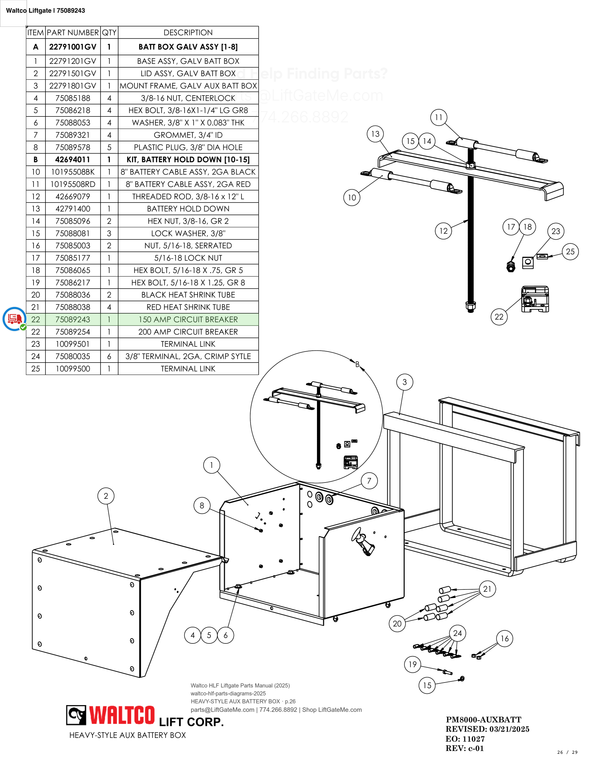 Waltco Liftgate | 75089243 — HEAVY-STYLE AUX BATTERY BOX · p.26 (Waltco HLF Parts Manual)