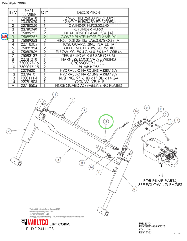 Waltco Liftgate | 75089252 — HLF HYDRAULICS · p.20 (Waltco HLF Parts Manual)