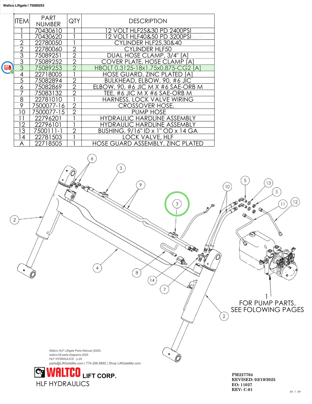 Waltco Liftgate | 75089253 — HLF HYDRAULICS · p.20 (Waltco HLF Parts Manual)