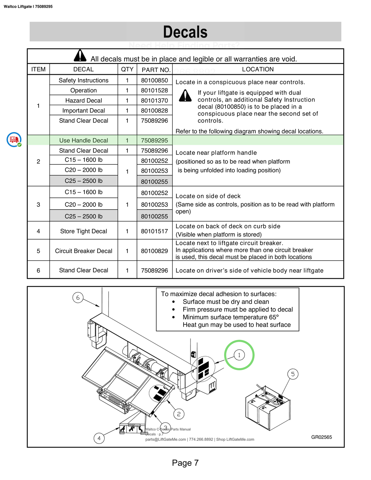 Waltco Liftgate | 75089295 — Decals · p.7 (Waltco C-Series Parts Manual)