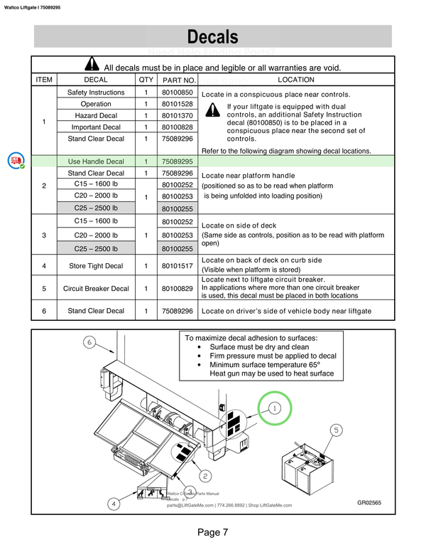 Waltco Liftgate | 75089295 — Decals · p.7 (Waltco C-Series Parts Manual)
