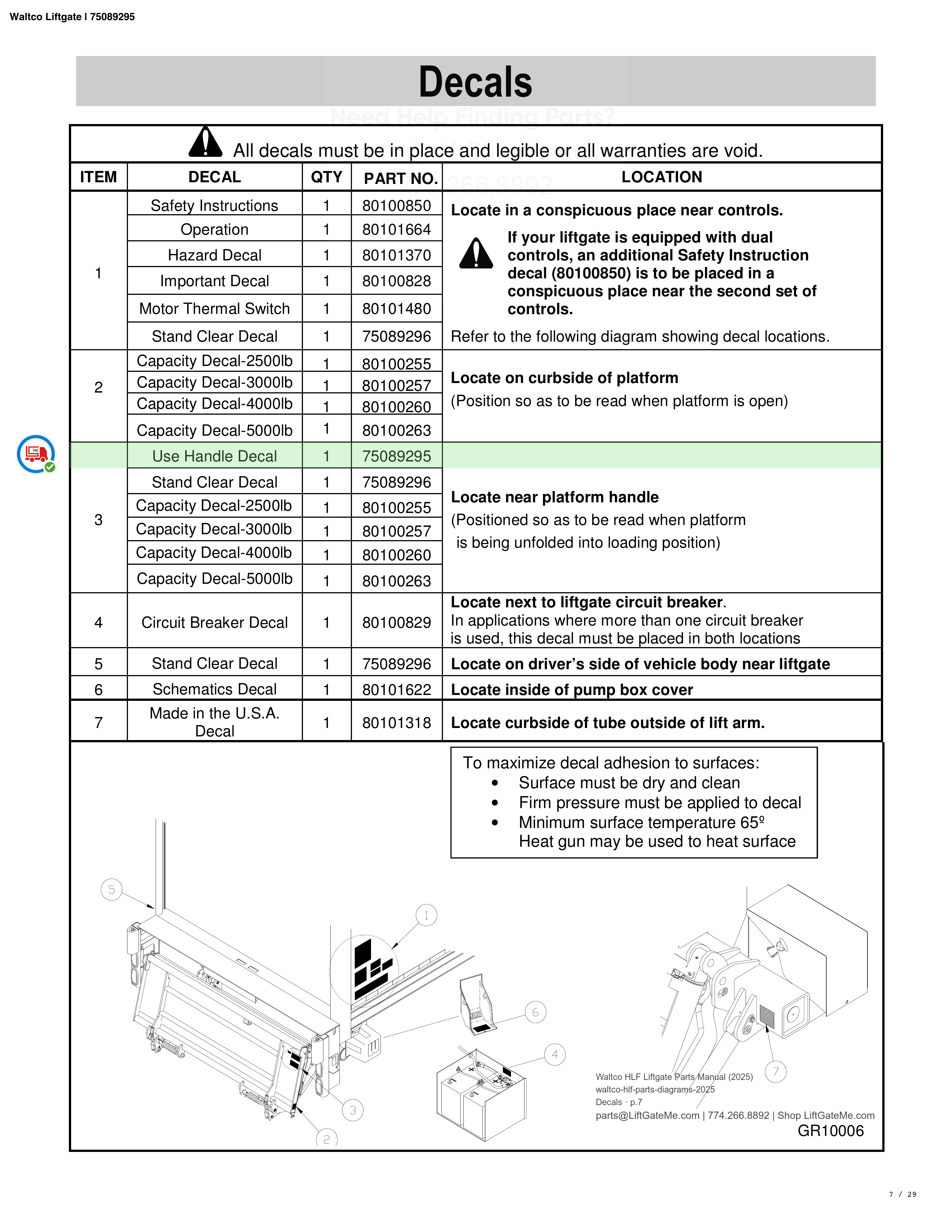 Waltco Liftgate | 75089295 — Decals · p.7 (Waltco C-Series Parts Manual)