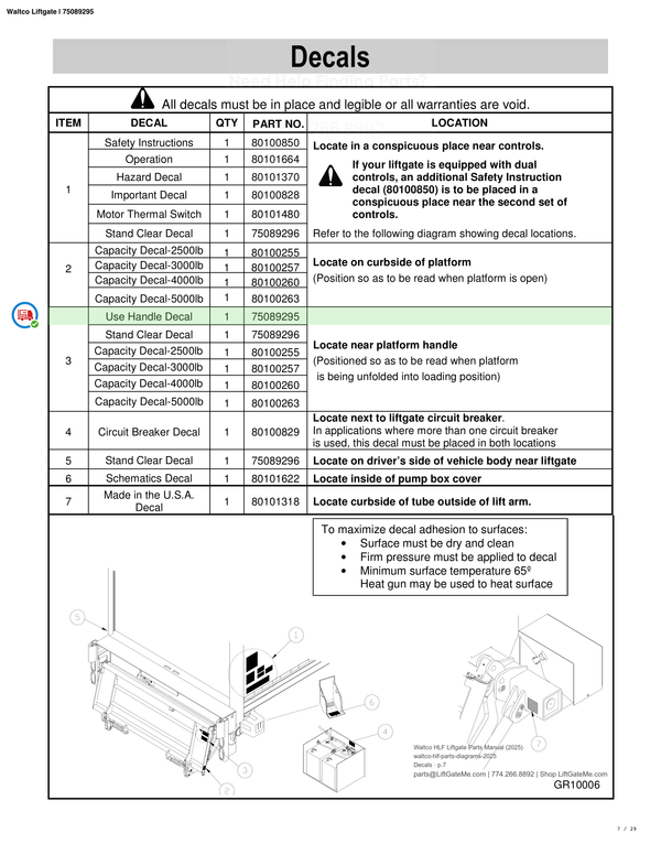 Waltco Liftgate | 75089295 — Decals · p.7 (Waltco C-Series Parts Manual)