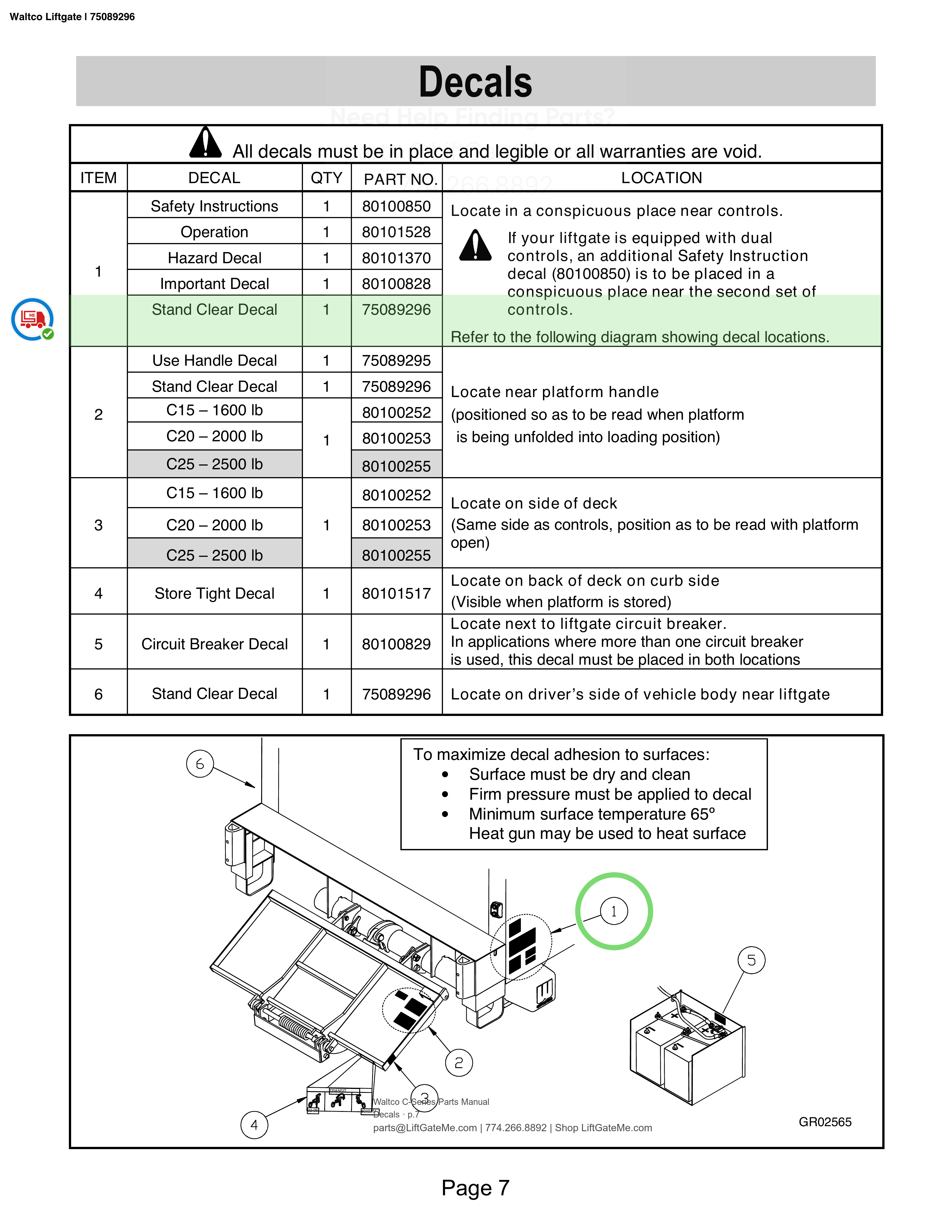 Waltco Liftgate | 75089296 — Decals · p.7 (Waltco C-Series Parts Manual)