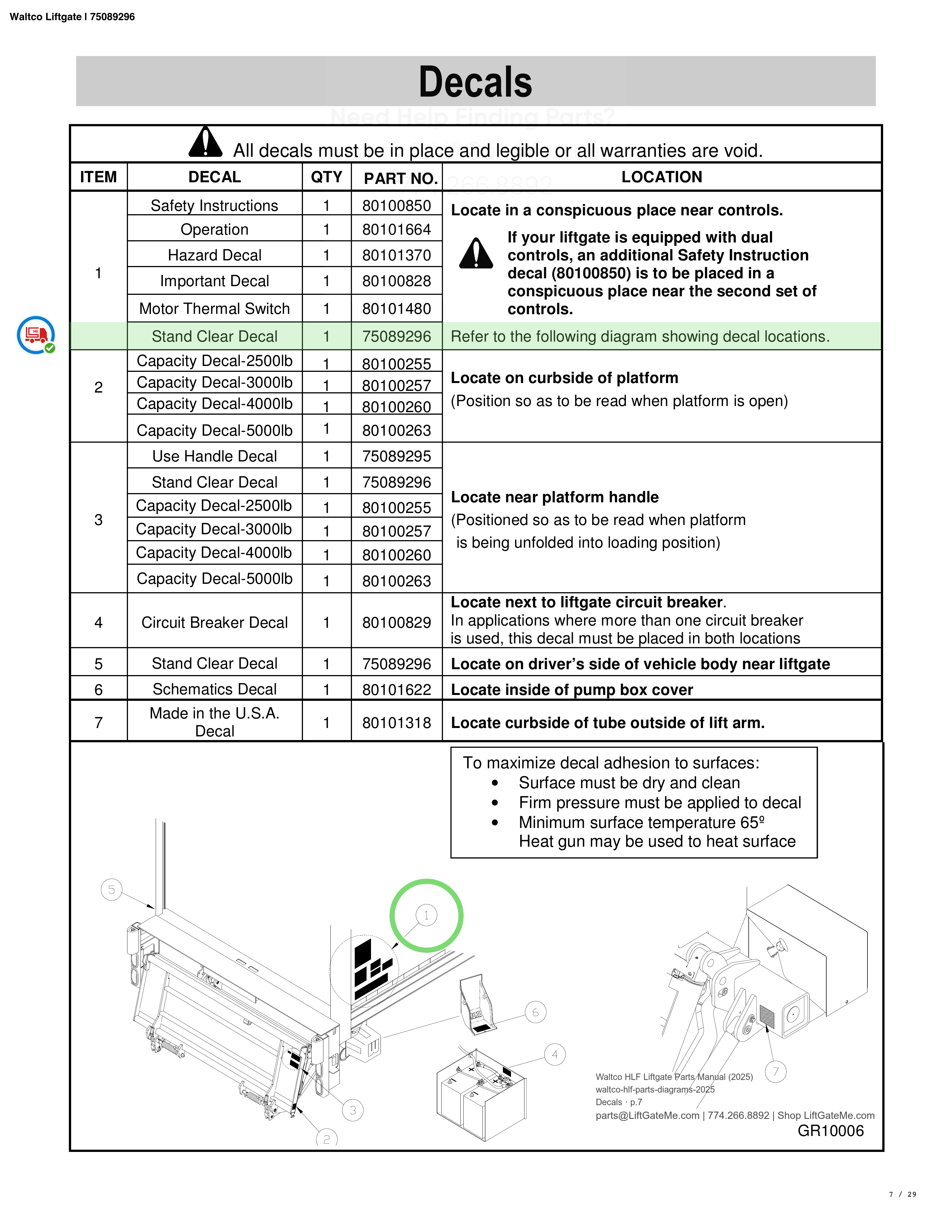 Waltco Liftgate | 75089296 — Decals · p.7 (Waltco C-Series Parts Manual)
