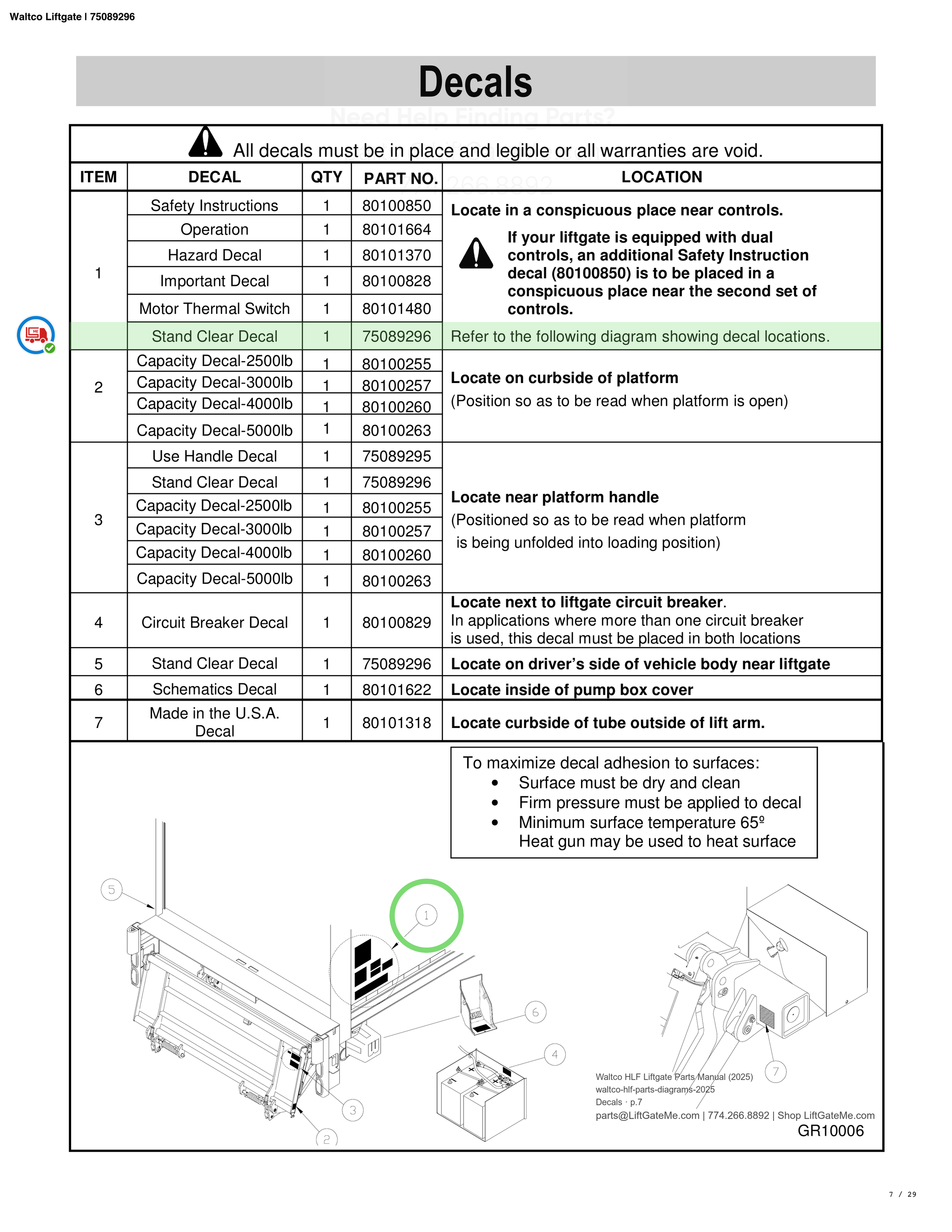 Waltco Liftgate | 75089296 — Decals · p.7 (Waltco C-Series Parts Manual)