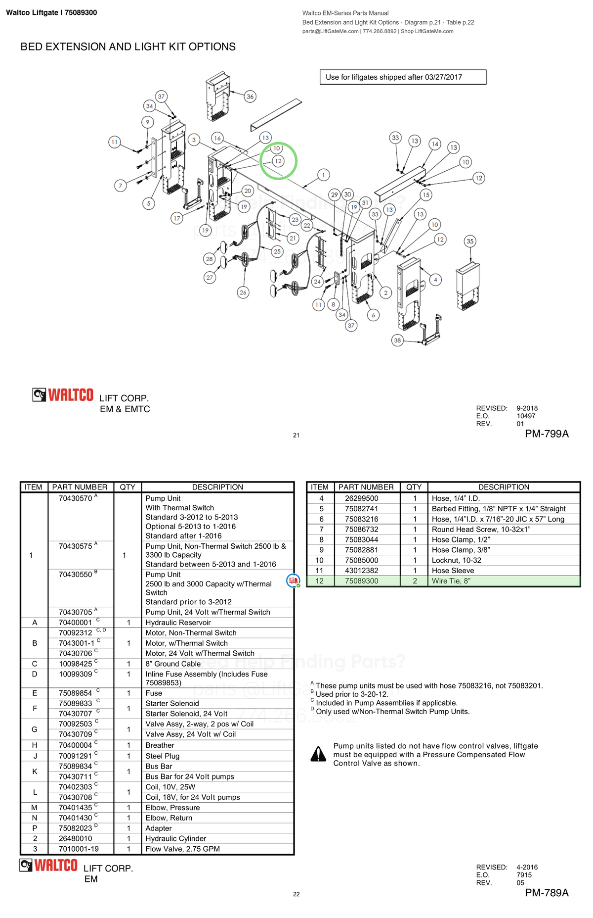 Waltco Liftgate | 75089300 — Bed Extension and Light Kit Options · Diagram p.21 · Table p.22 (Waltco EM-Series Parts Manual)