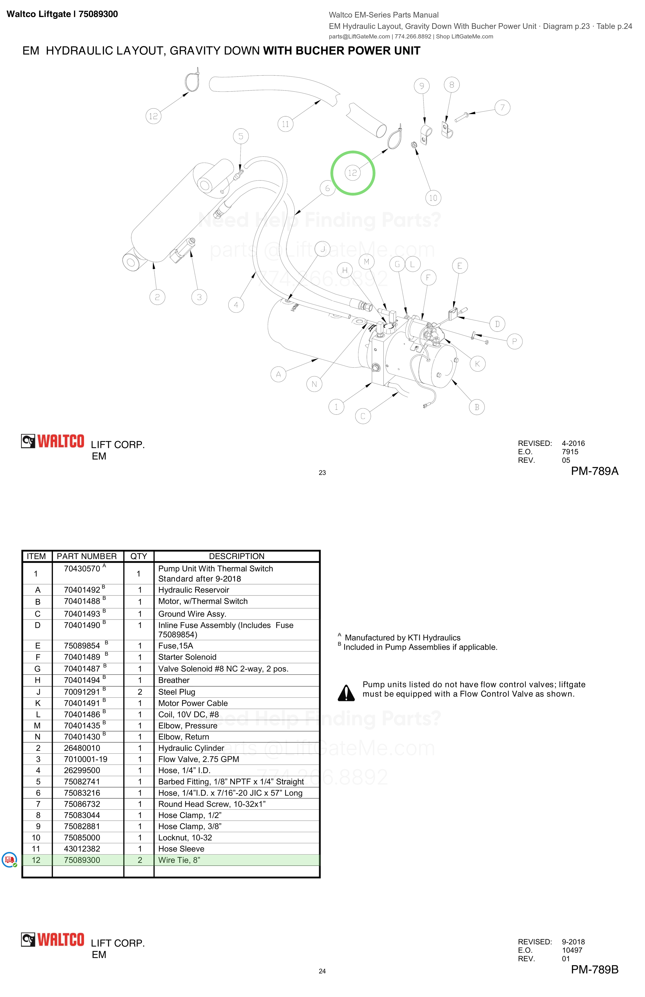Waltco Liftgate | 75089300 — EM Hydraulic Layout, Gravity Down With Bucher Power Unit · Diagram p.23 · Table p.24 (Waltco EM-Series Parts Manual)