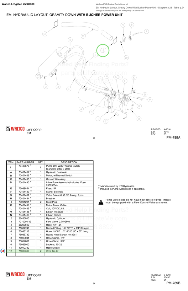 Waltco Liftgate | 75089300 — EM Hydraulic Layout, Gravity Down With Bucher Power Unit · Diagram p.23 · Table p.24 (Waltco EM-Series Parts Manual)