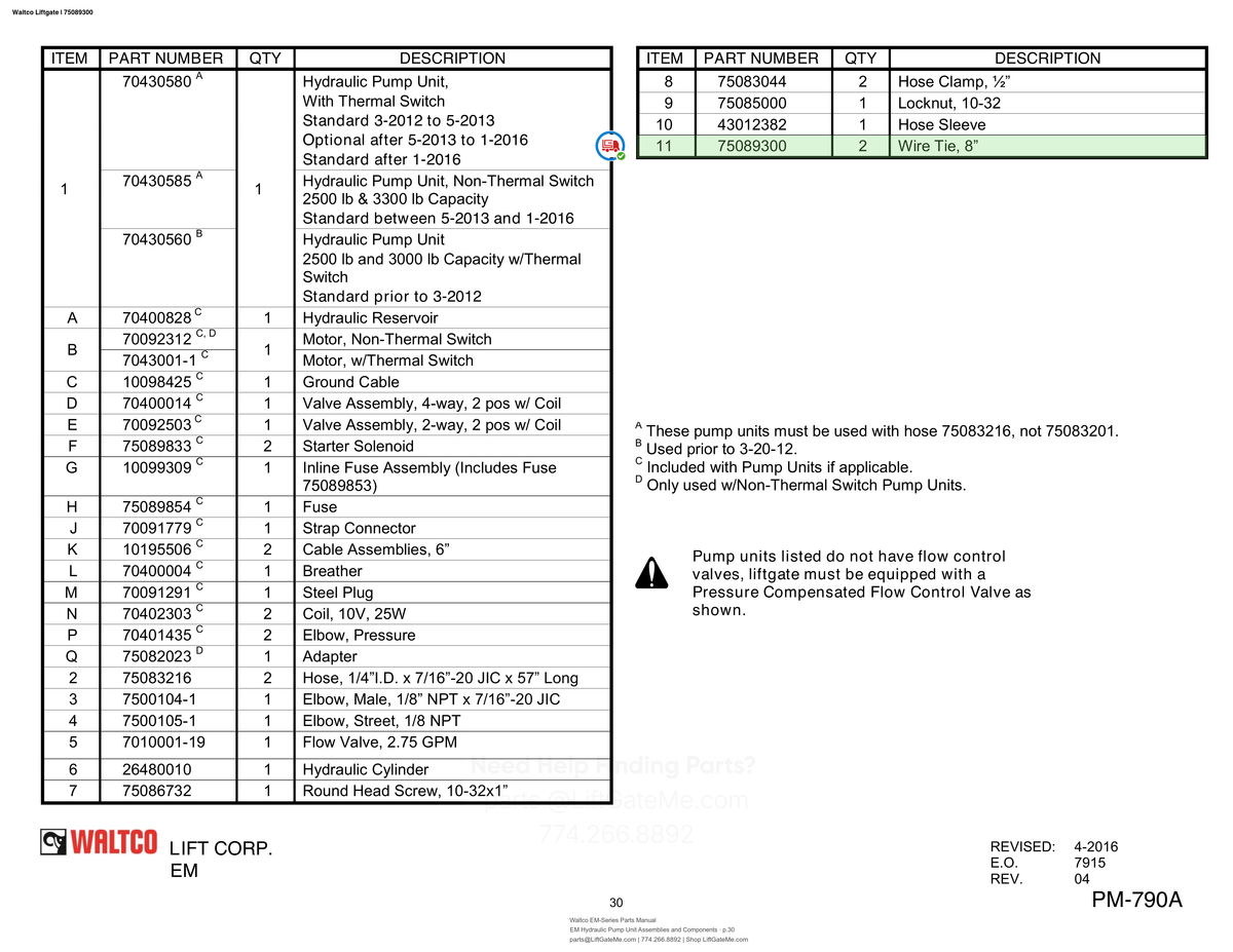 Waltco Liftgate | 75089300 — EM Hydraulic Pump Unit Assemblies and Components · p.30 (Waltco EM-Series Parts Manual)