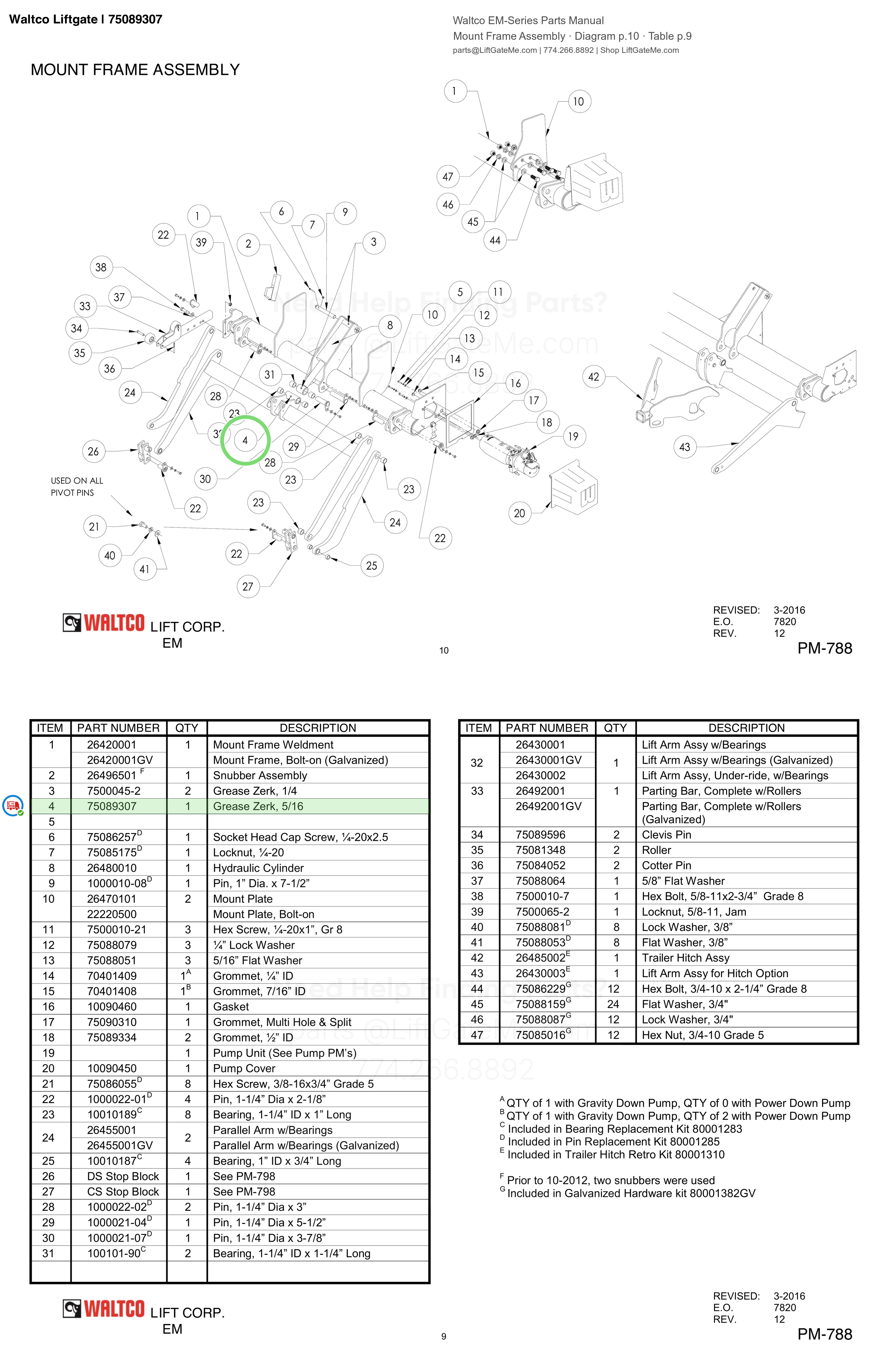 Waltco Liftgate | 75089307 — Mount Frame Assembly · Diagram p.10 · Table p.9 (Waltco EM-Series Parts Manual)