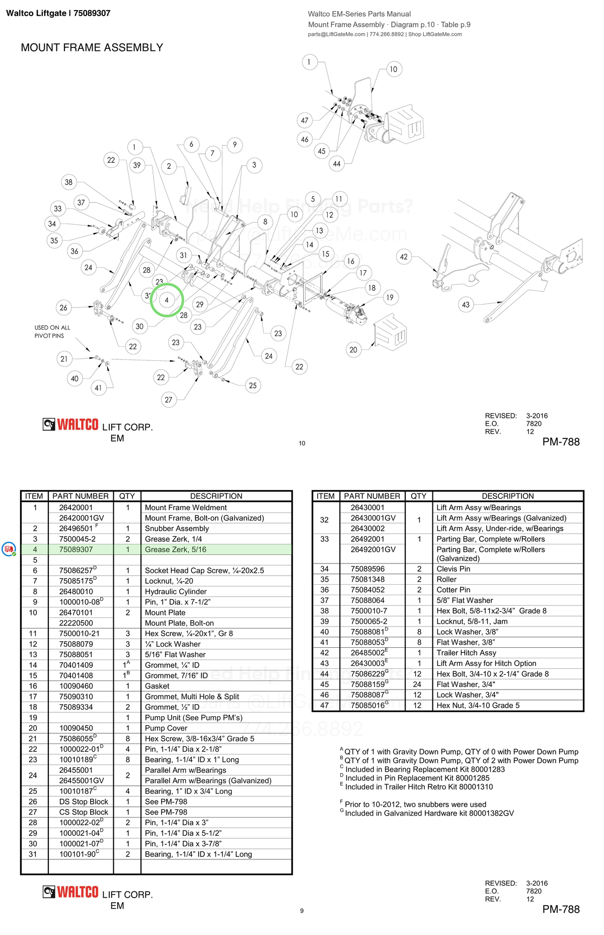 Waltco Liftgate | 75089307 — Mount Frame Assembly · Diagram p.10 · Table p.9 (Waltco EM-Series Parts Manual)