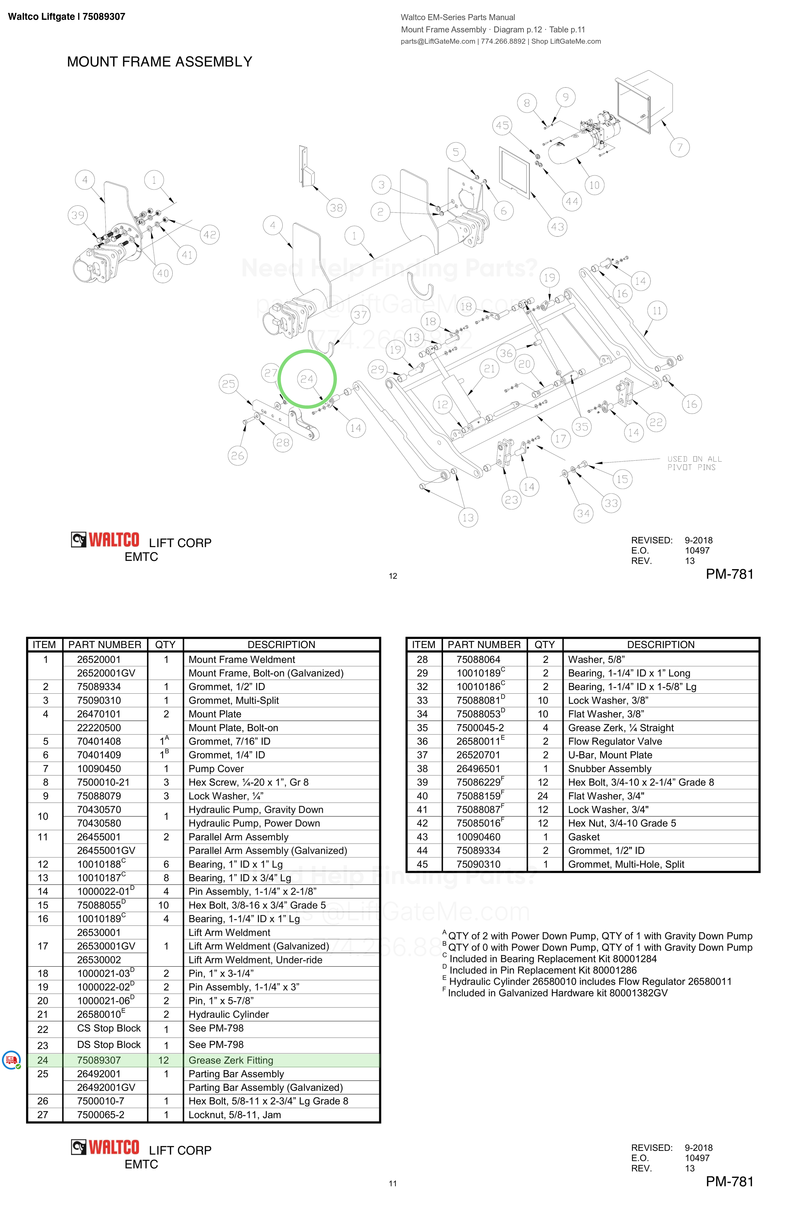 Waltco Liftgate | 75089307 — Mount Frame Assembly · Diagram p.12 · Table p.11 (Waltco EM-Series Parts Manual)