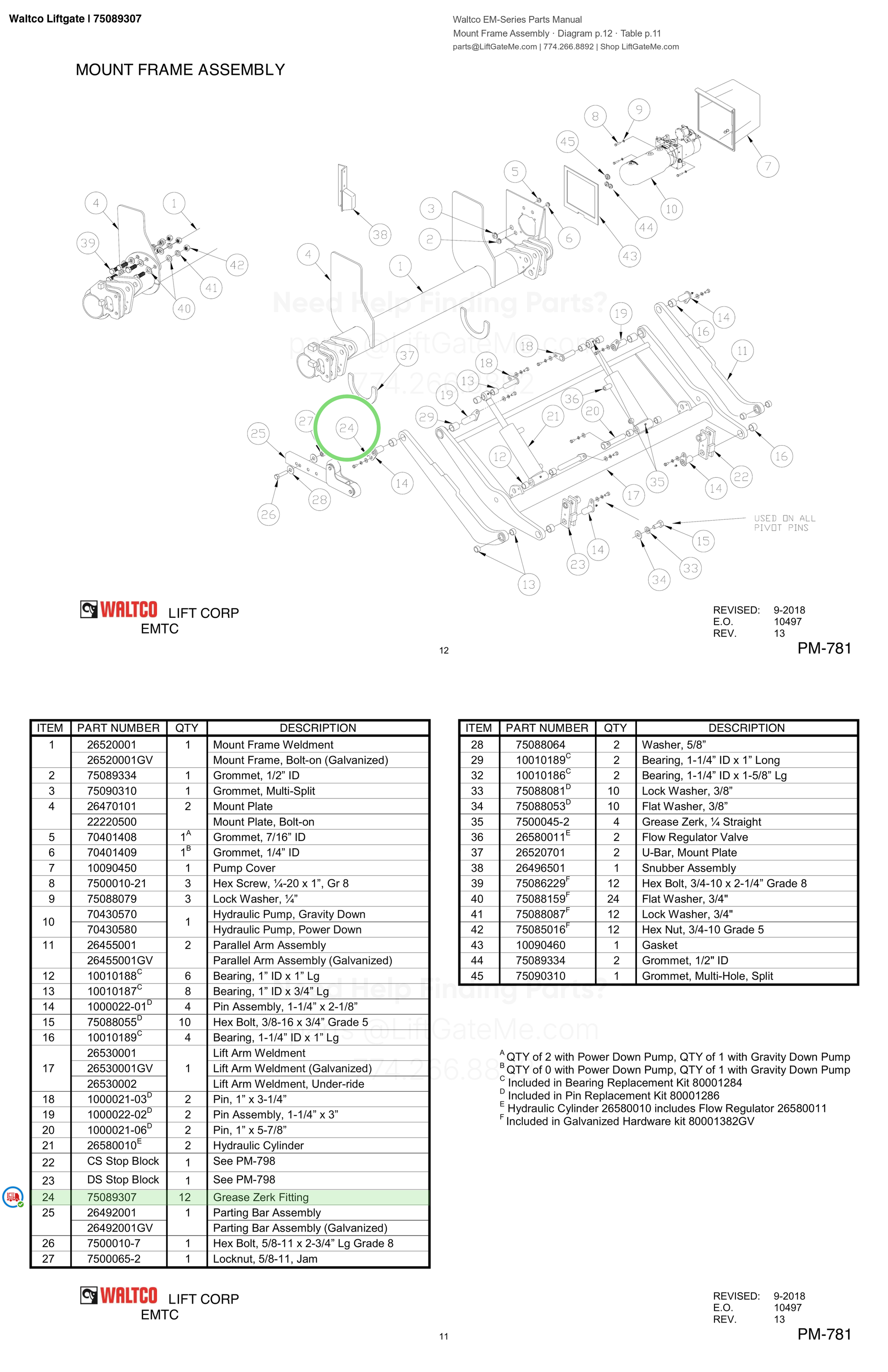 Waltco Liftgate | 75089307 — Mount Frame Assembly · Diagram p.12 · Table p.11 (Waltco EM-Series Parts Manual)