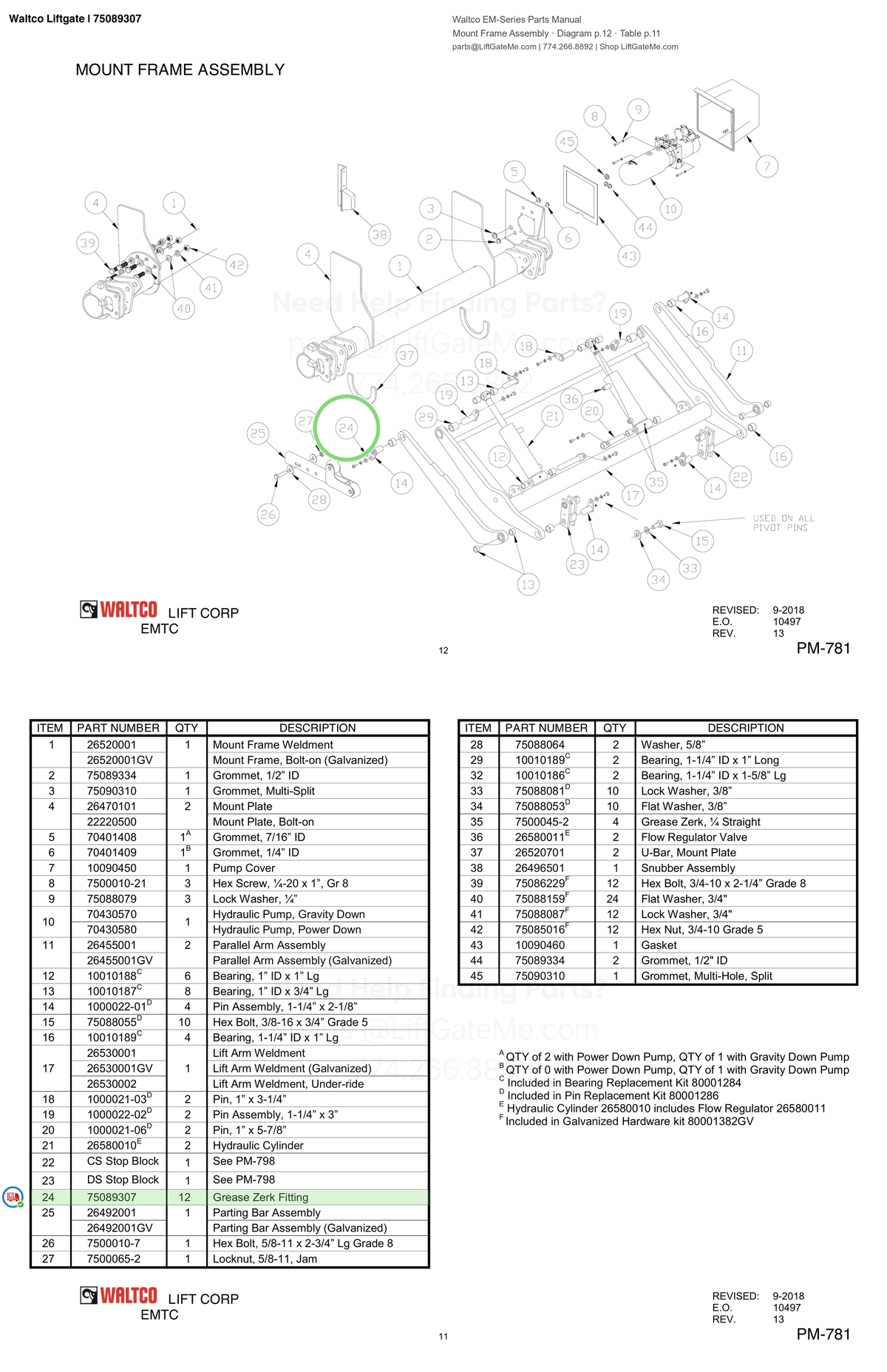 Waltco Liftgate | 75089307 — Mount Frame Assembly · Diagram p.12 · Table p.11 (Waltco EM-Series Parts Manual)