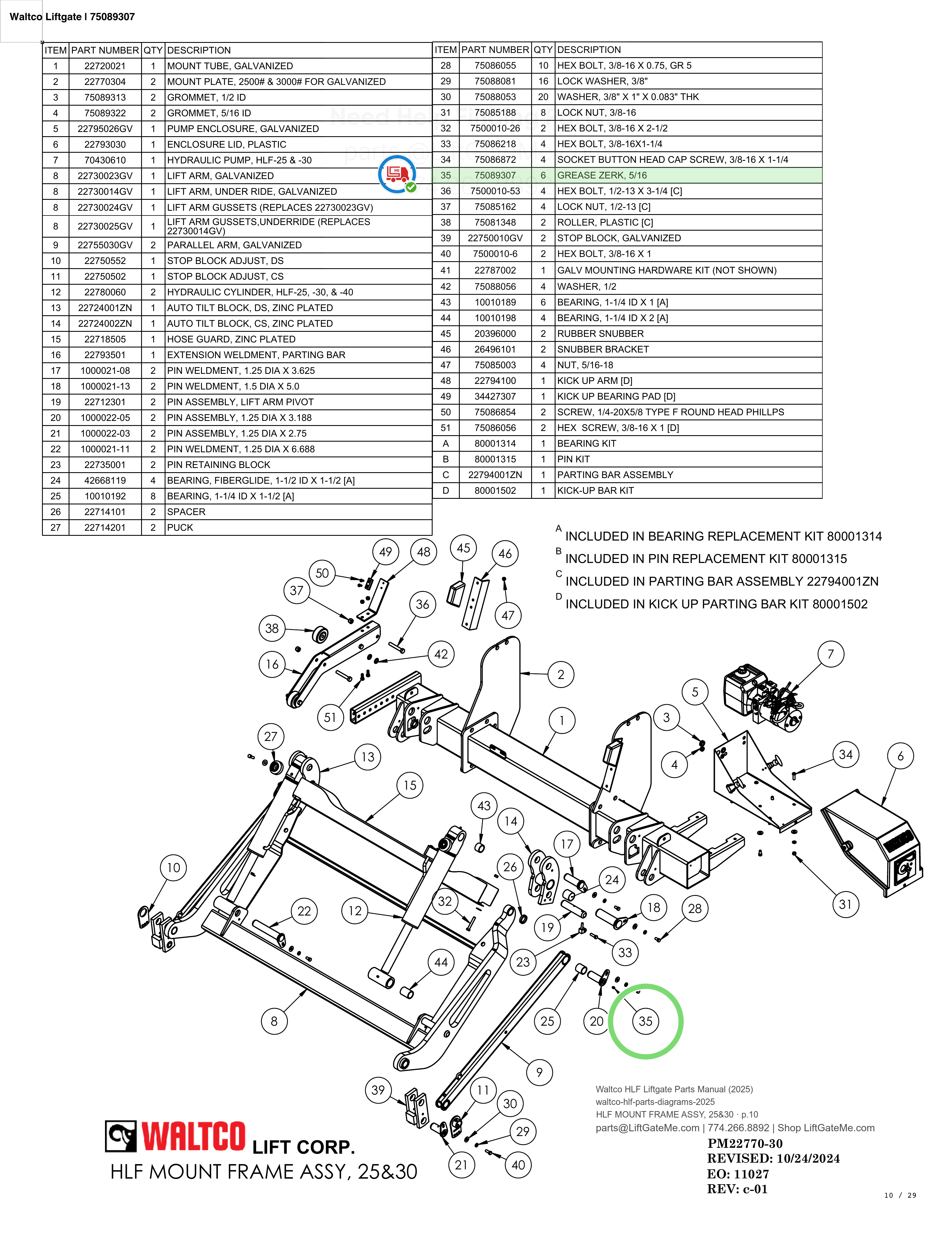 Waltco Liftgate | 75089307 — HLF MOUNT FRAME ASSY, 25&30 · p.10 (Waltco HLF Parts Manual)