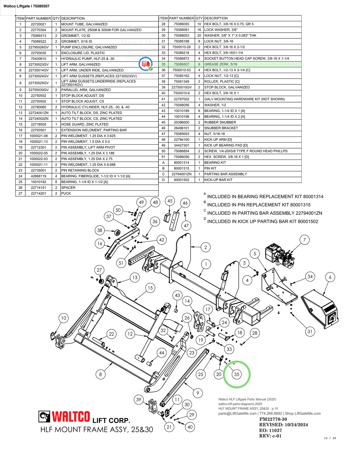 Waltco Liftgate | 75089307 — HLF MOUNT FRAME ASSY, 25&30 · p.10 (Waltco HLF Parts Manual)