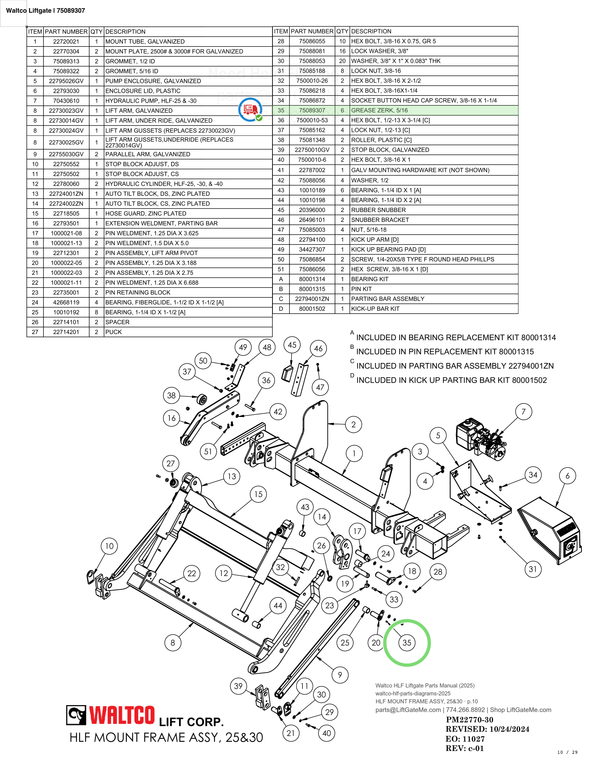 Waltco Liftgate | 75089307 — HLF MOUNT FRAME ASSY, 25&30 · p.10 (Waltco HLF Parts Manual)