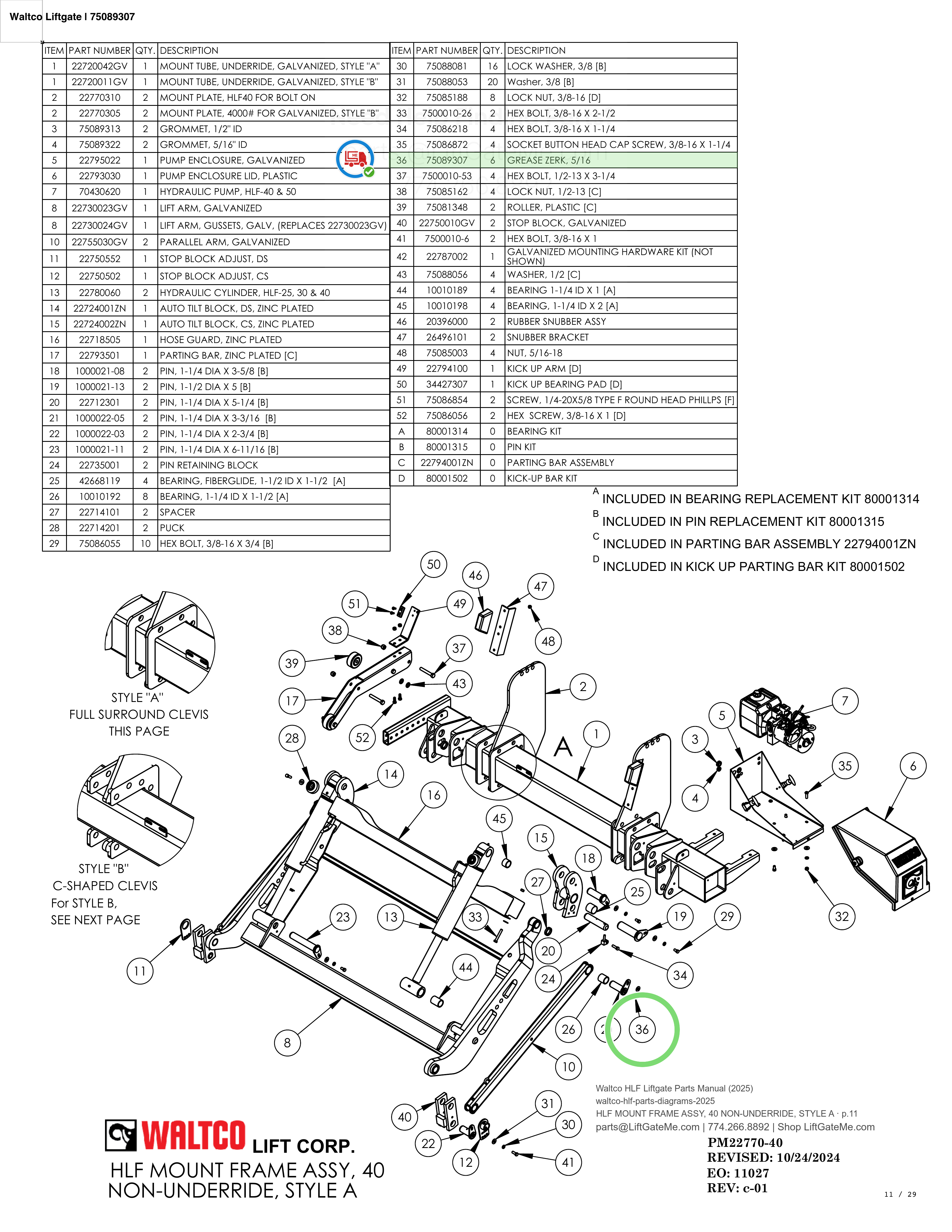 Waltco Liftgate | 75089307 — HLF MOUNT FRAME ASSY, 40 NON-UNDERRIDE, STYLE A · p.11 (Waltco HLF Parts Manual)